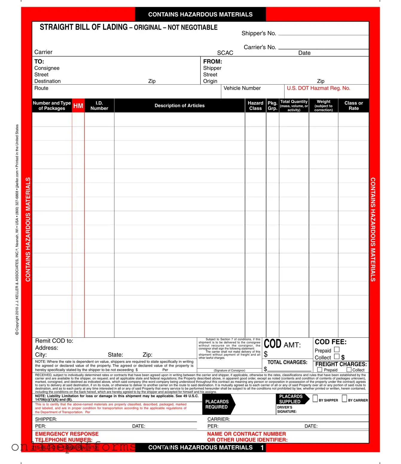 Fill in Your Hazard Bill Of Ladden Template