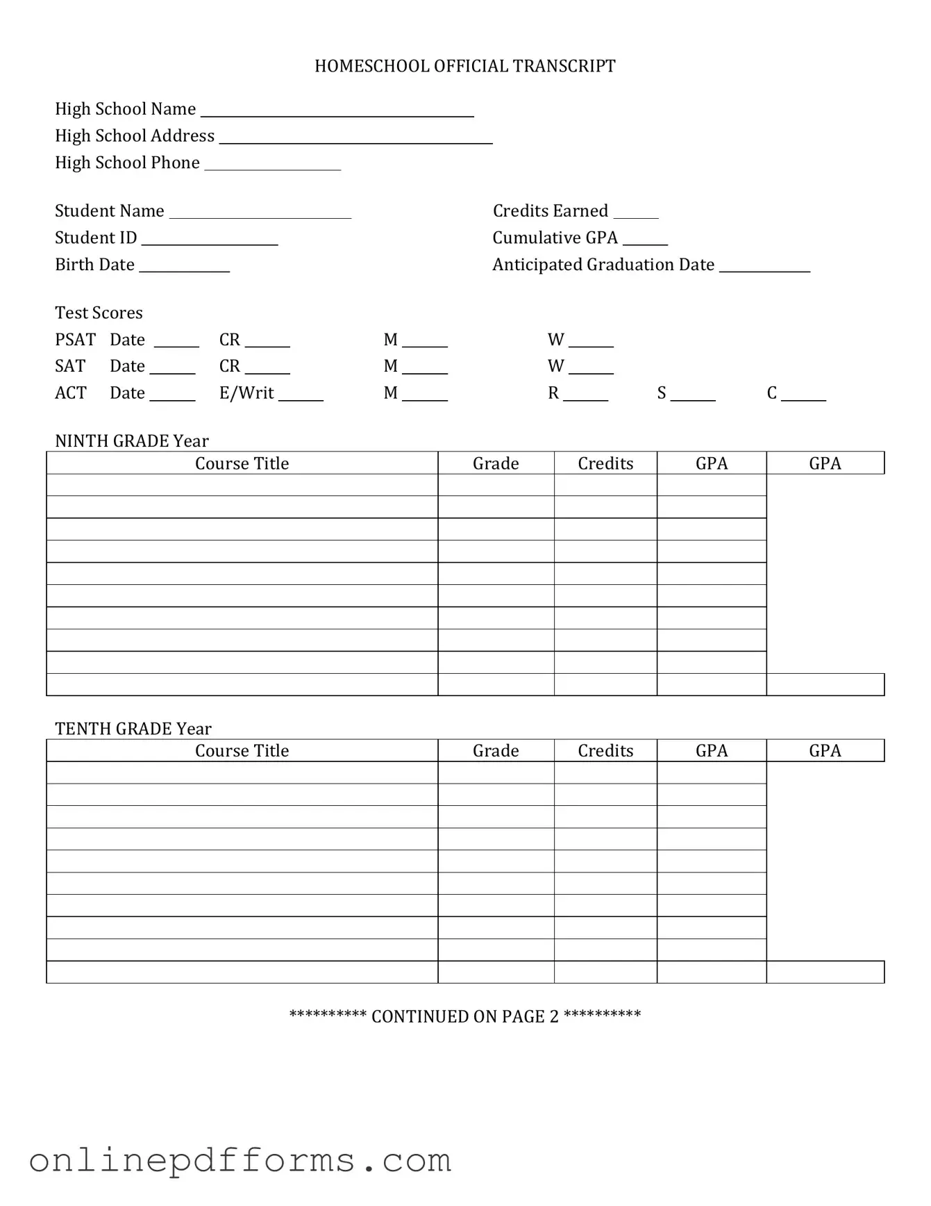 Fill in Your High School Transcript Template