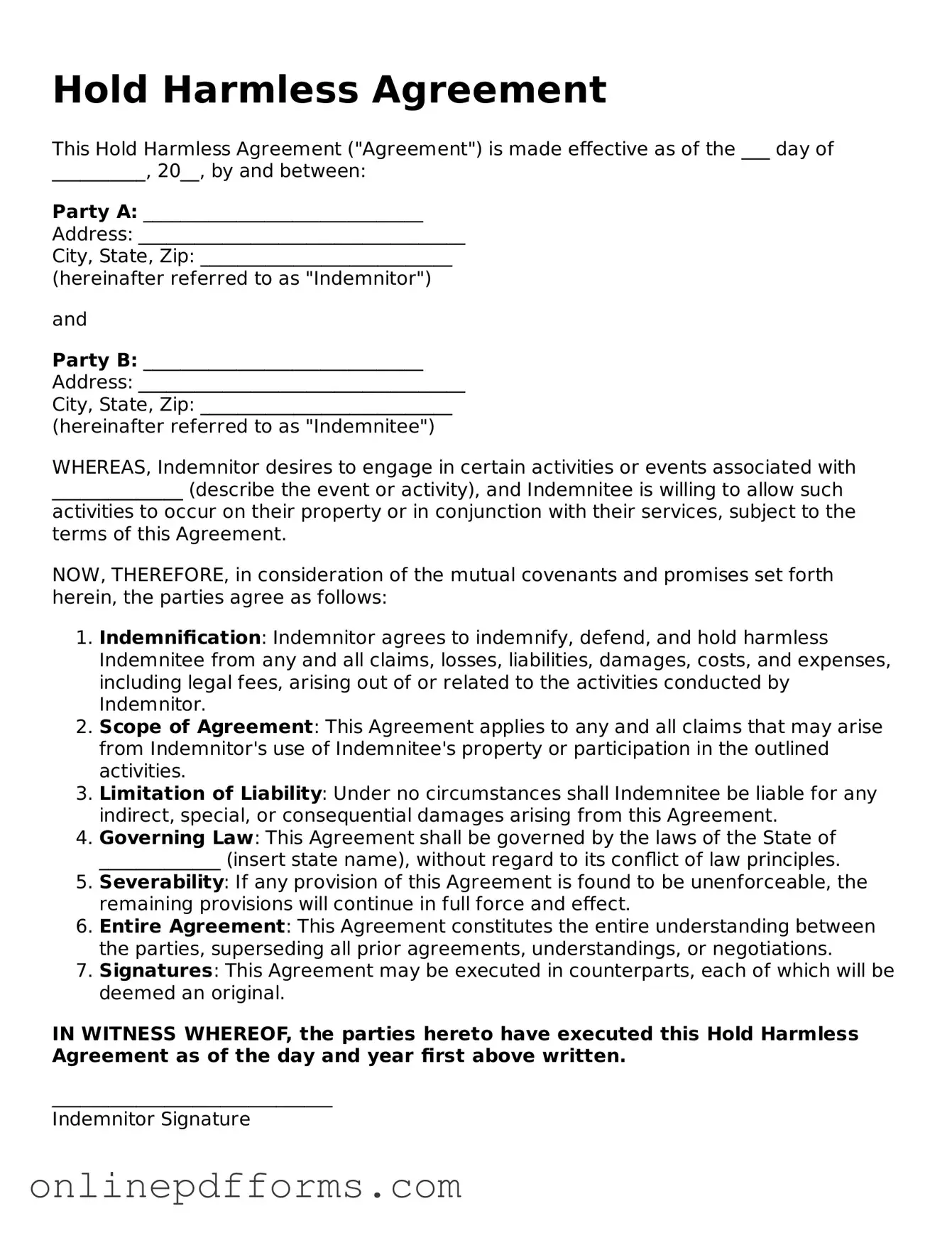Legal Hold Harmless Agreement Form