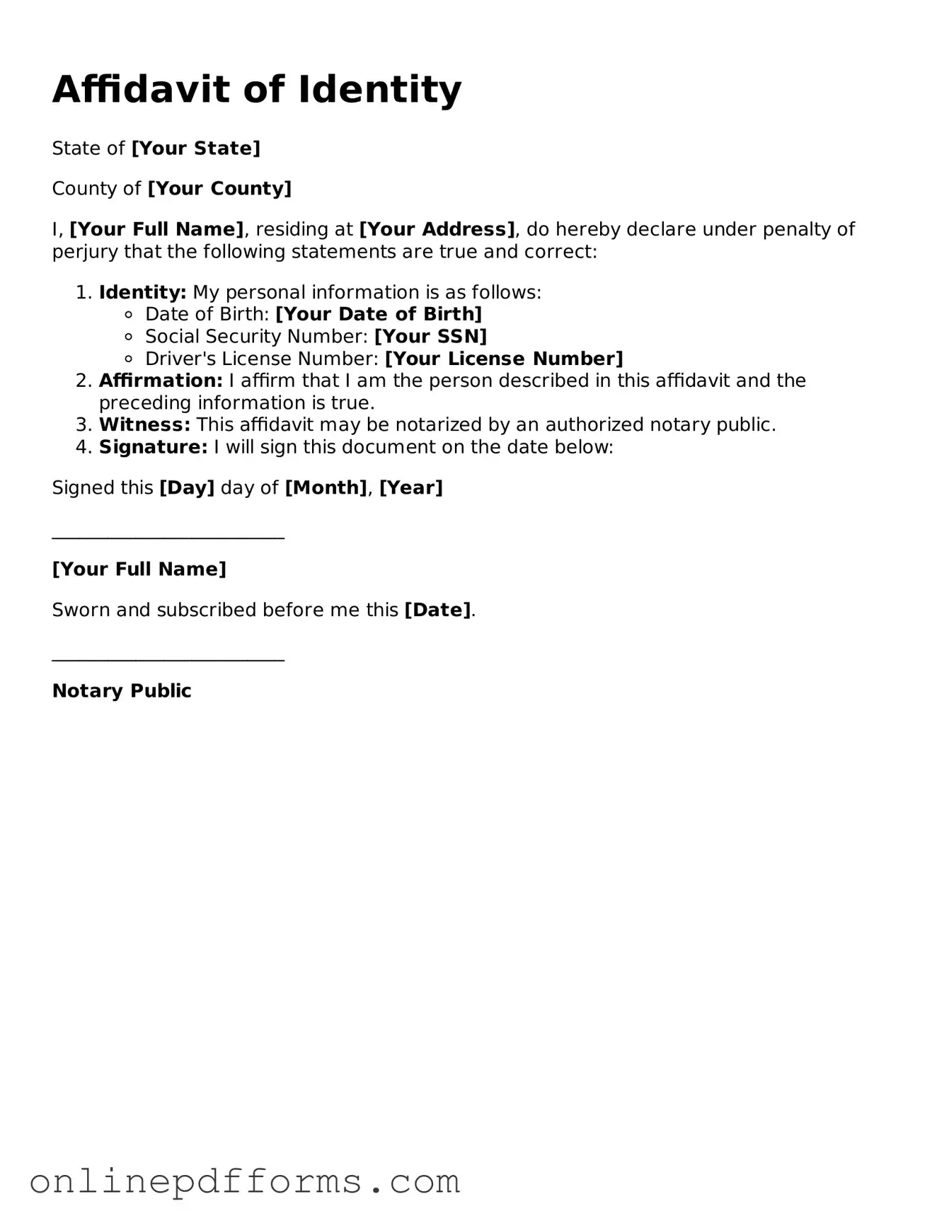 Legal Affidavit of Identity Form