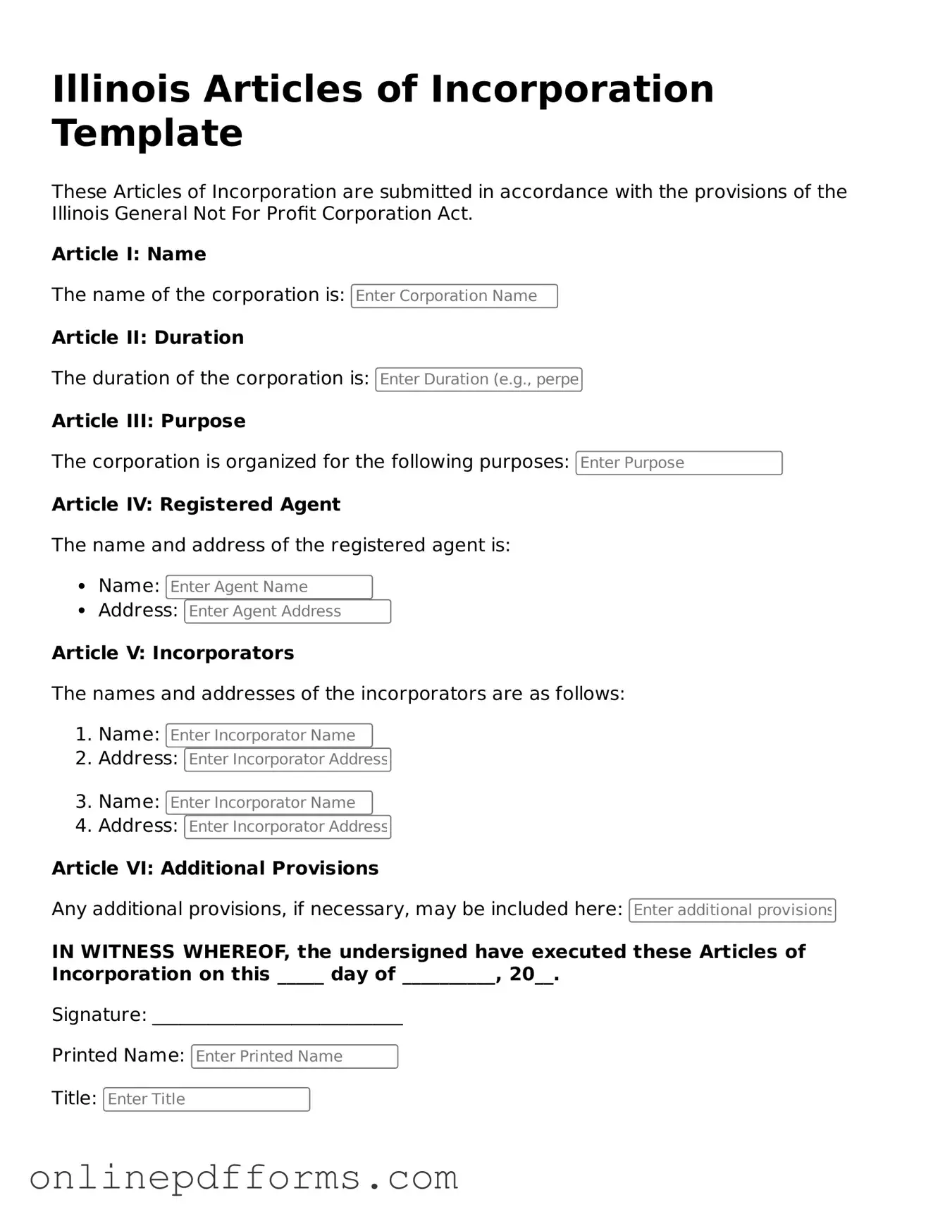 Blank Illinois Articles of Incorporation Form