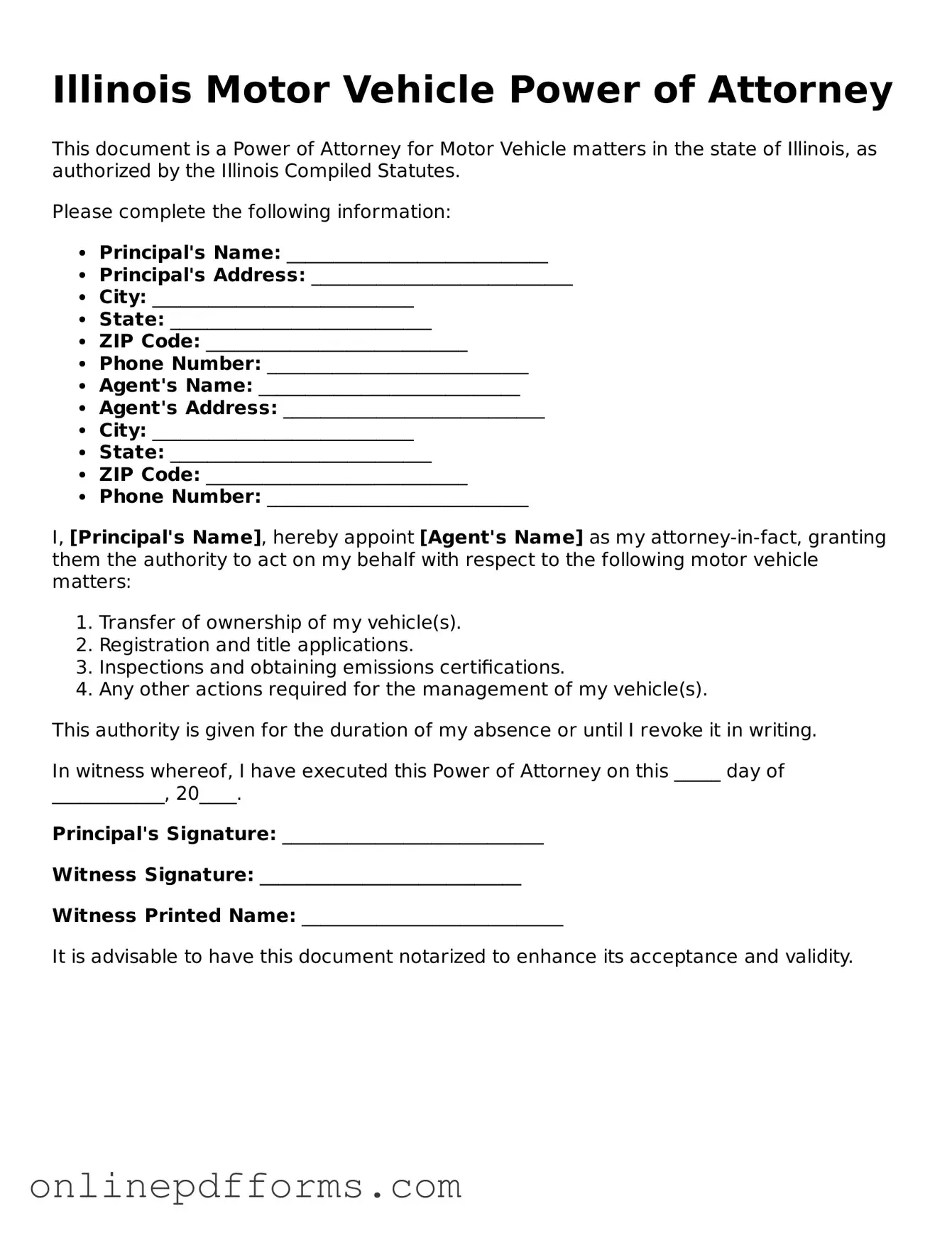 Blank Illinois Motor Vehicle Power of Attorney Form
