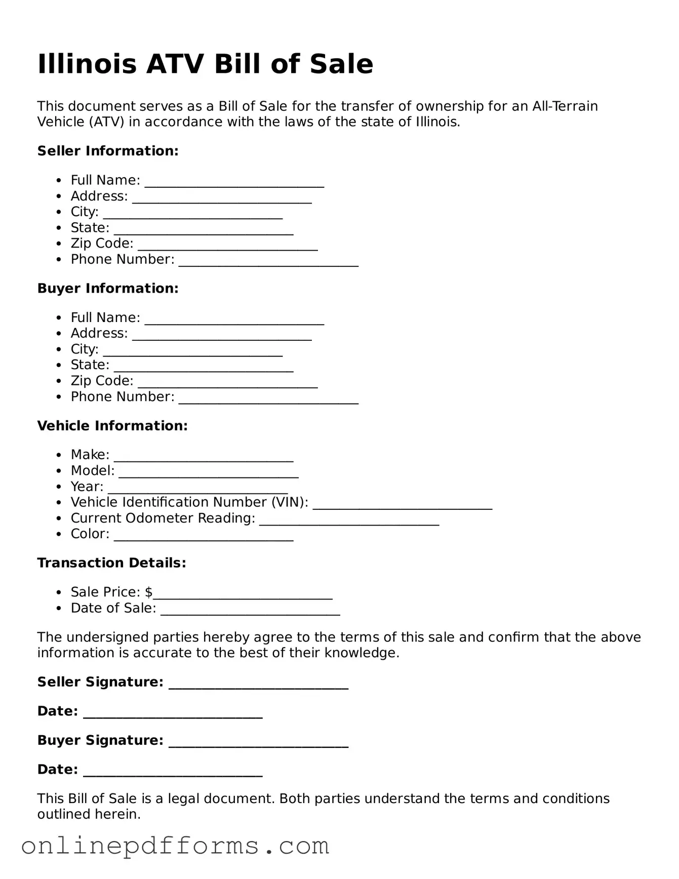 Blank Illinois ATV Bill of Sale Form