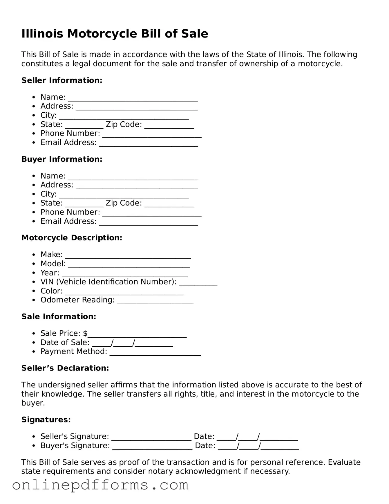 Blank Illinois Motorcycle Bill of Sale Form