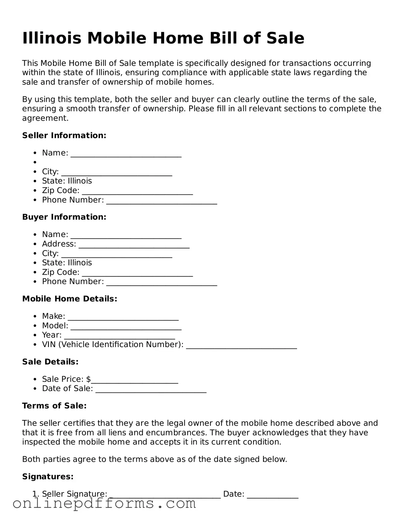 Blank Illinois Mobile Home Bill of Sale Form
