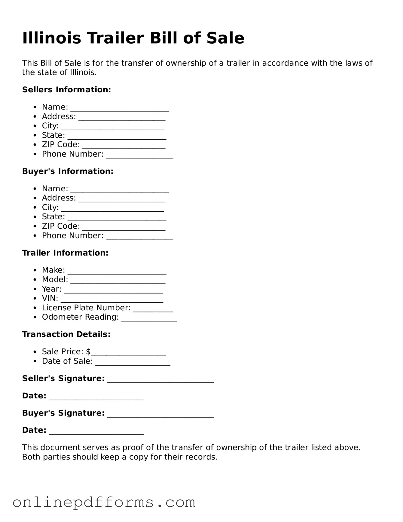 Blank Illinois Trailer Bill of Sale Form