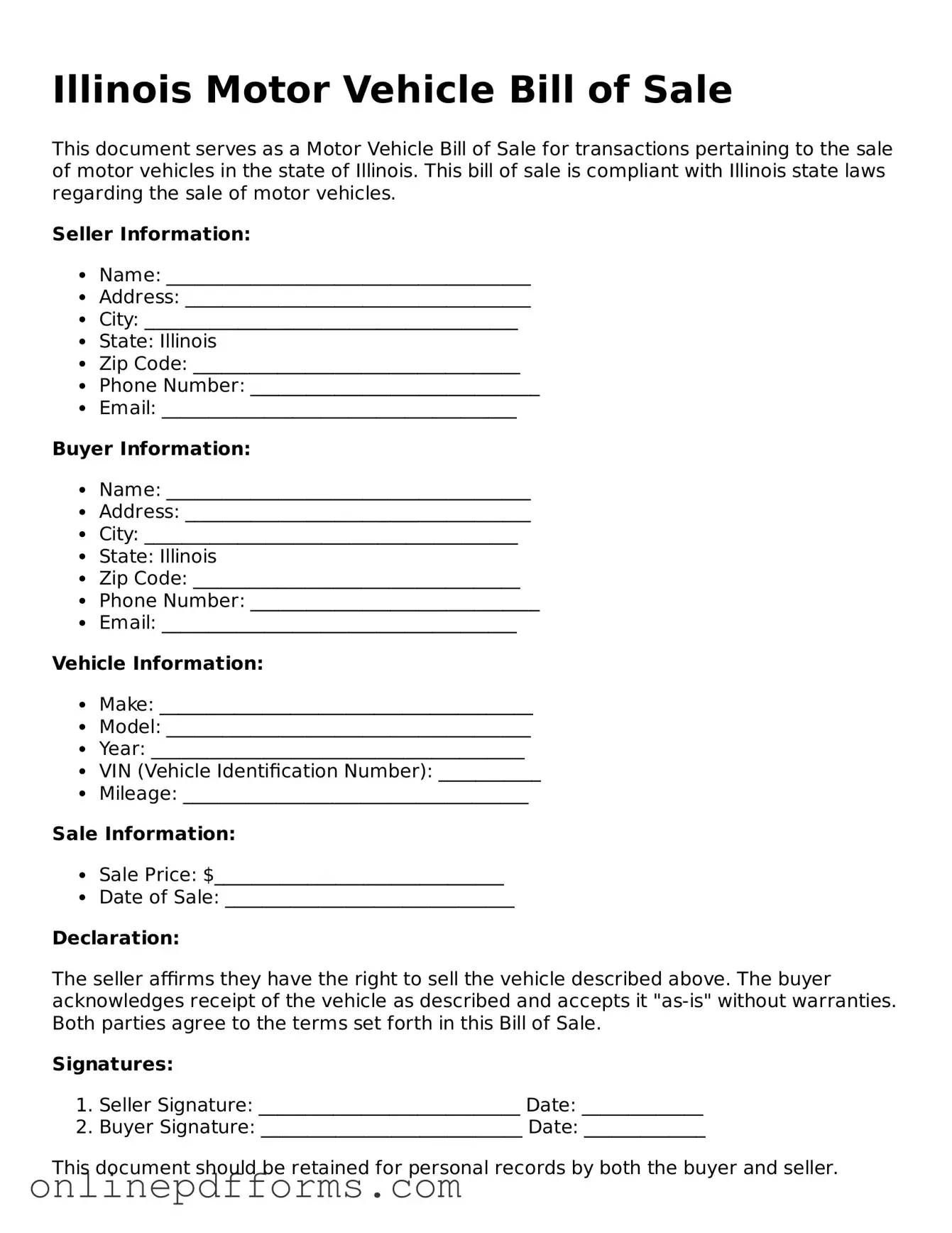 Blank Illinois Motor Vehicle Bill of Sale Form