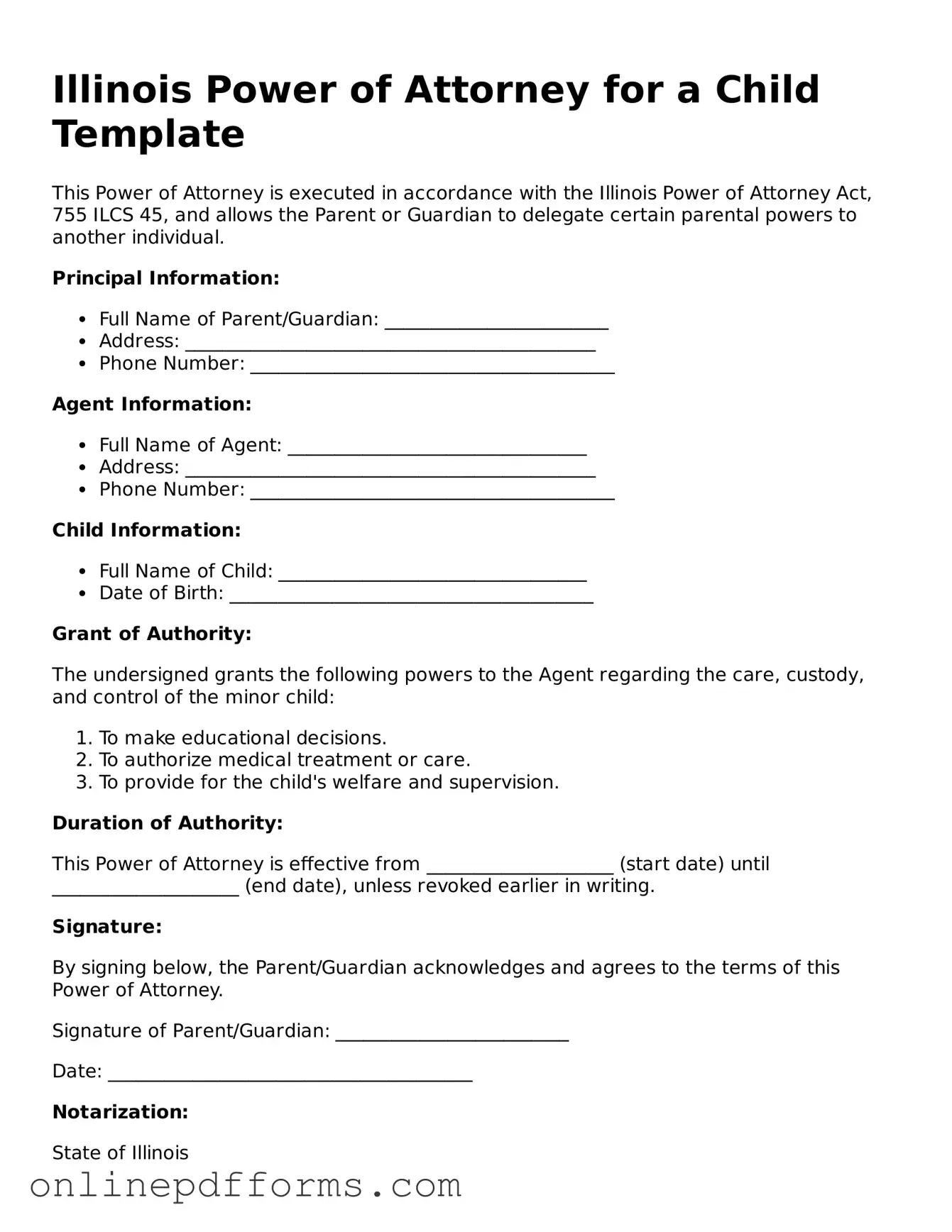 Blank Illinois Power of Attorney for a Child Form
