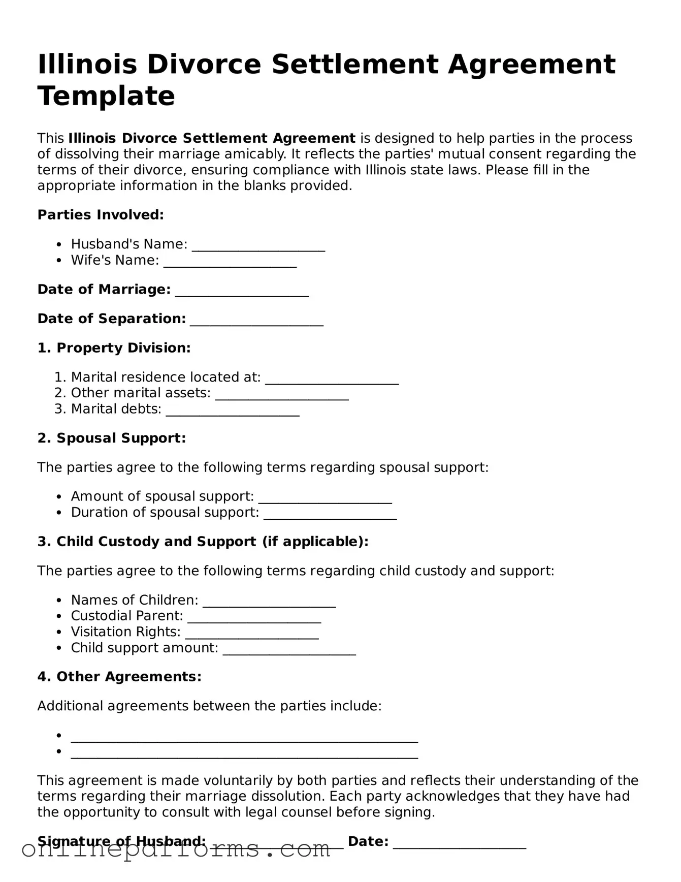 Blank Illinois Divorce Settlement Agreement Form