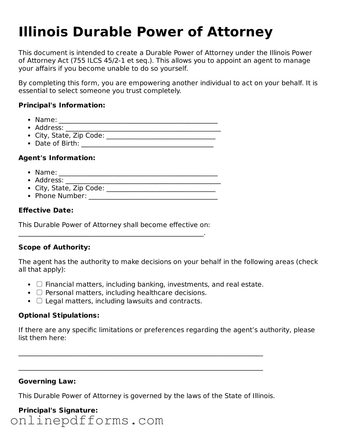 Blank Illinois Durable Power of Attorney Form