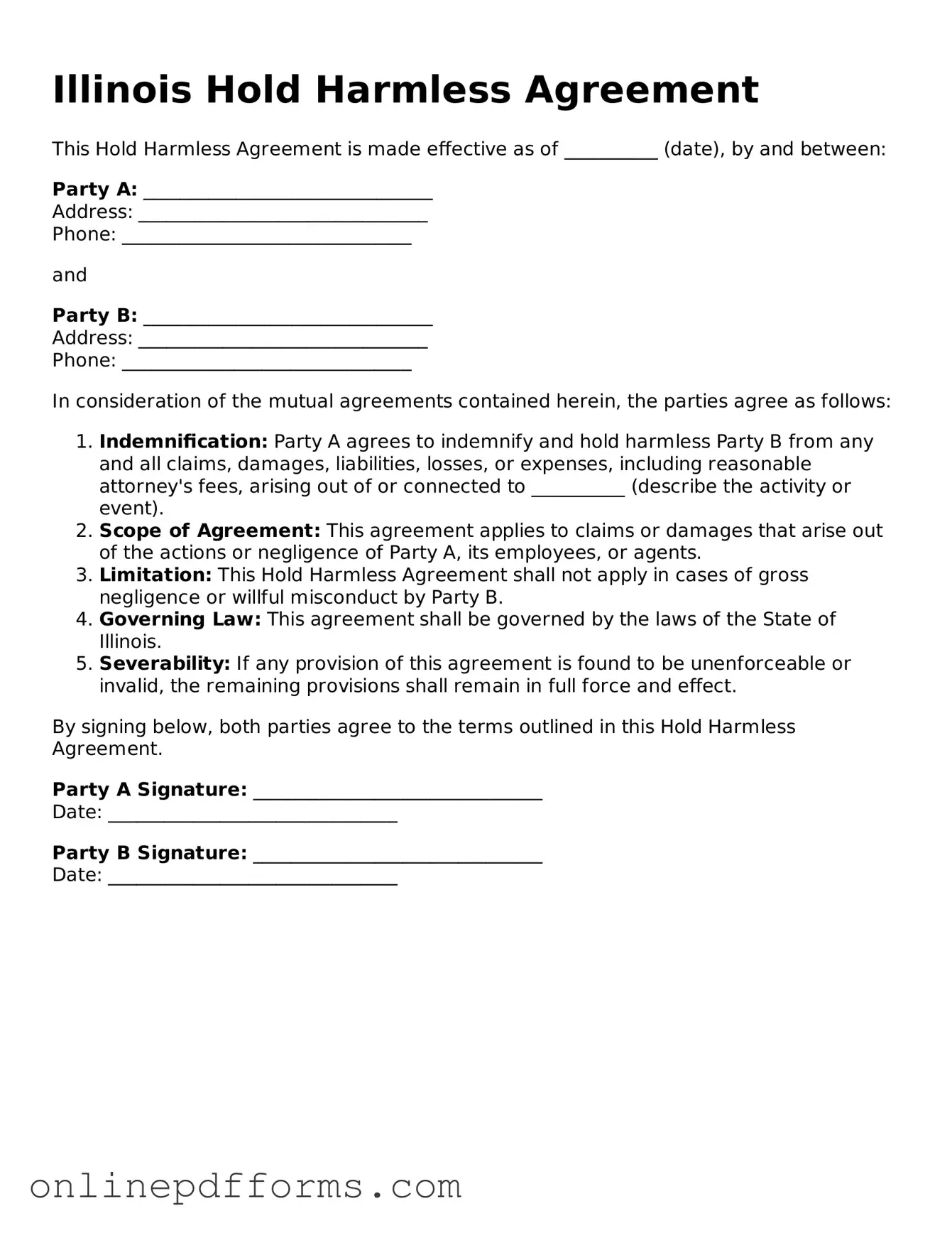 Blank Illinois Hold Harmless Agreement Form