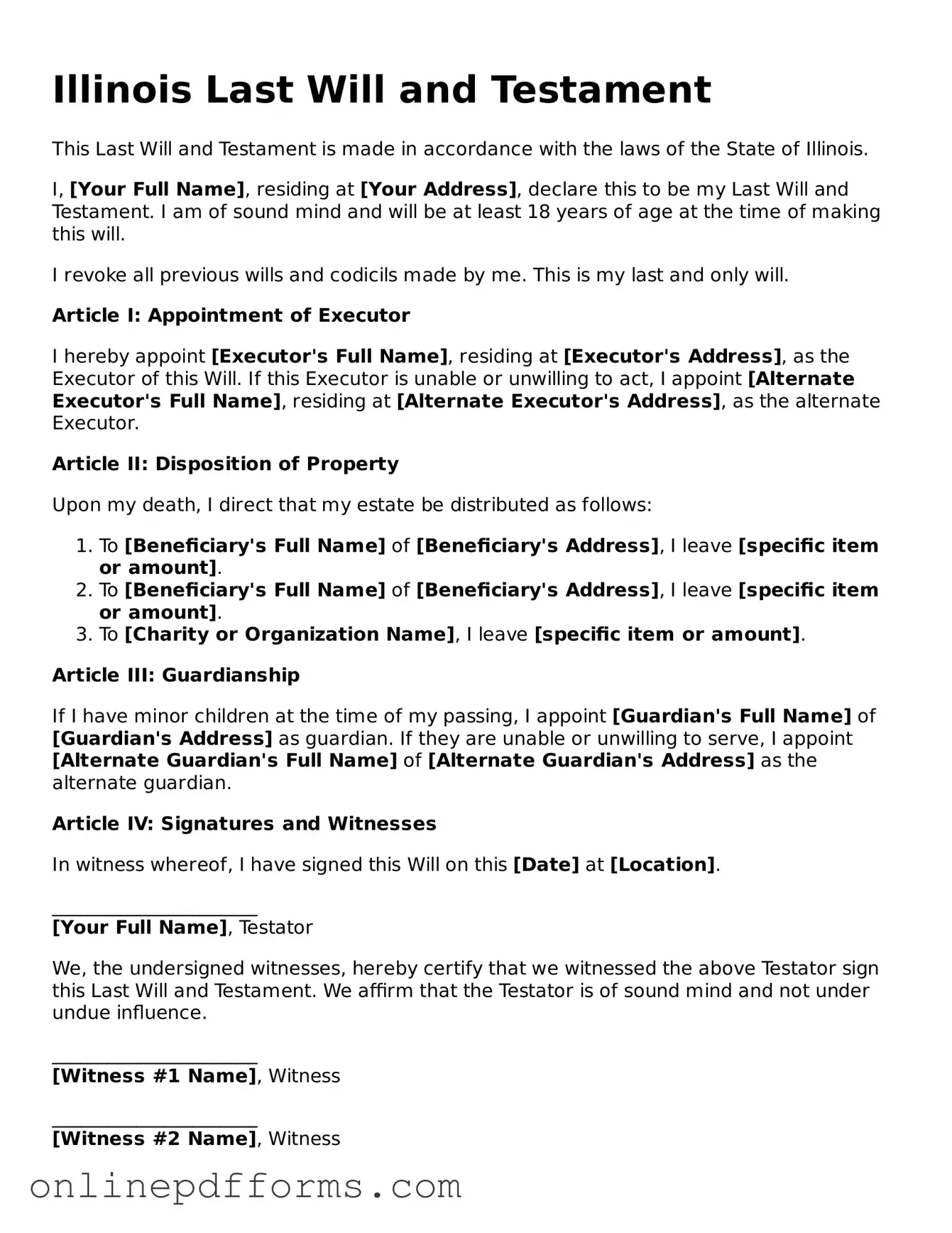 Blank Illinois Last Will and Testament Form