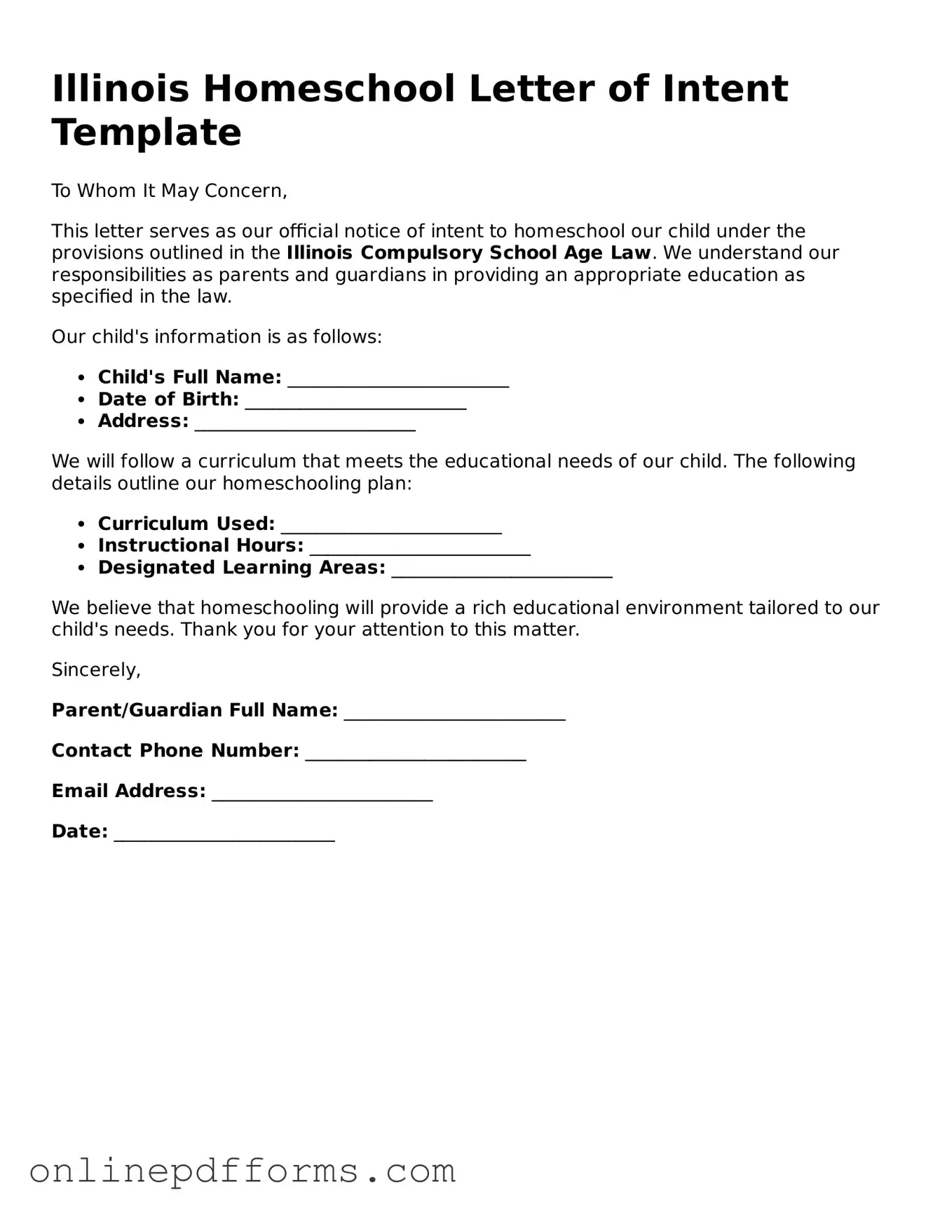 Blank Illinois Homeschool Letter of Intent Form