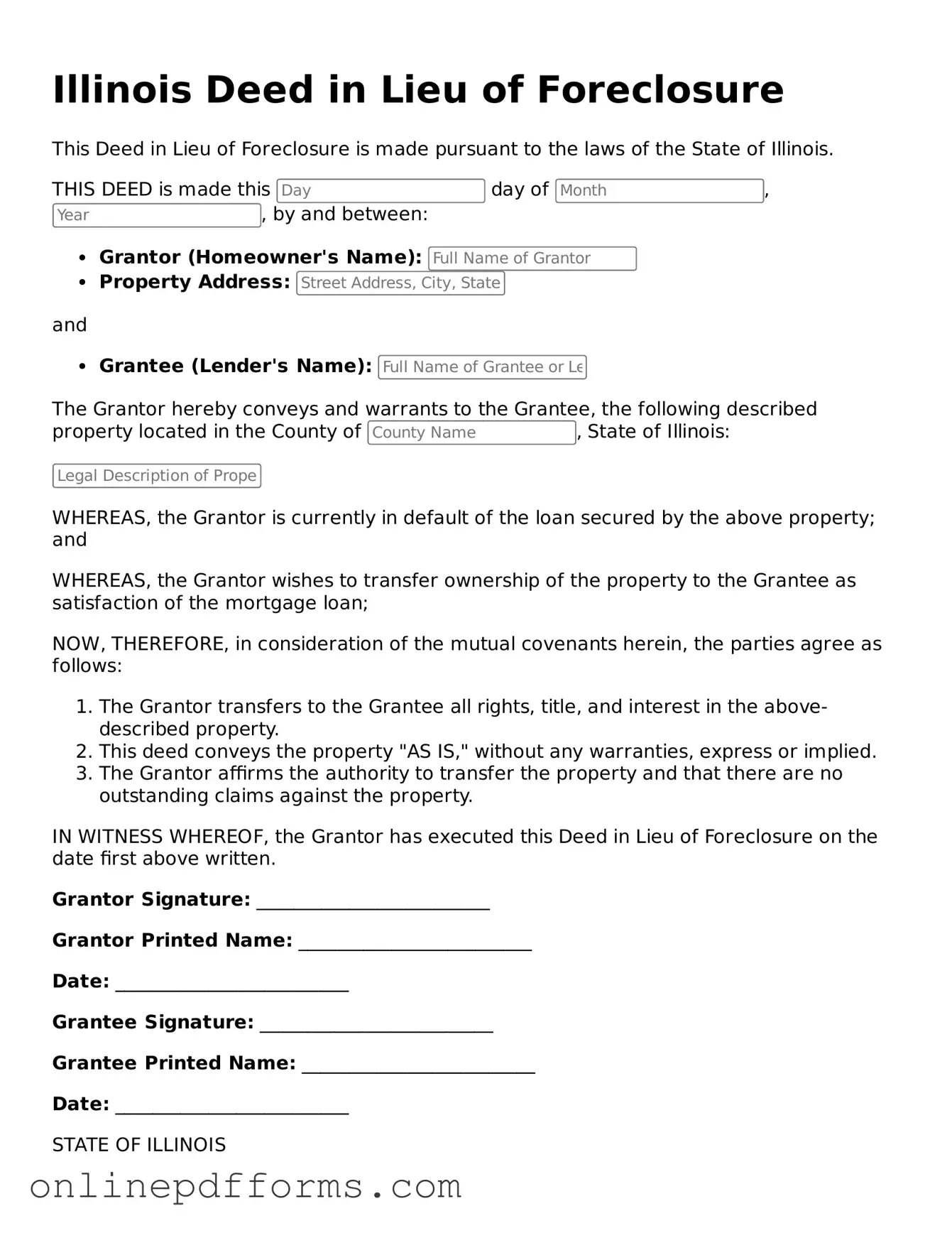 Blank Illinois Deed in Lieu of Foreclosure Form