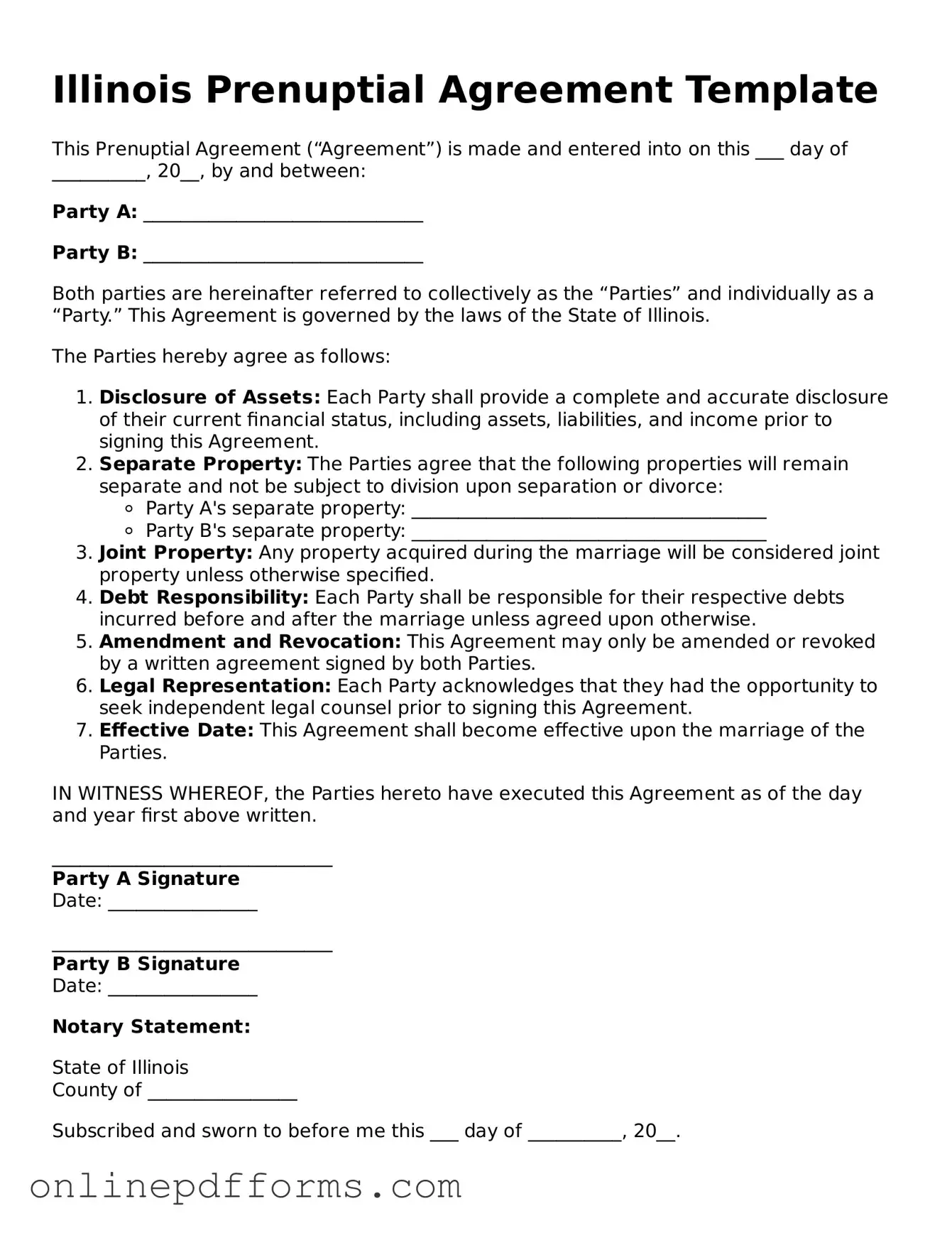Blank Illinois Prenuptial Agreement Form