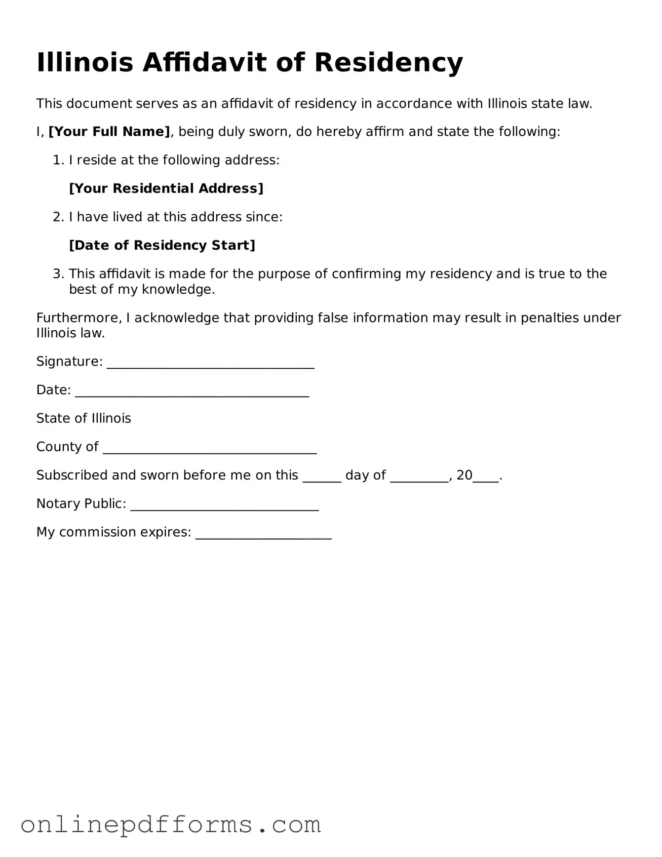 Blank Illinois Affidavit of Residency Form