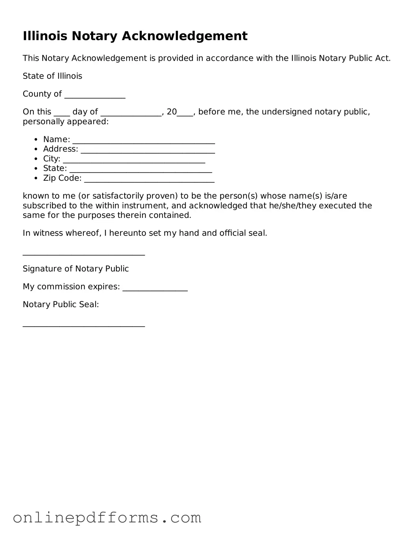 Blank Illinois Notary Acknowledgement Form