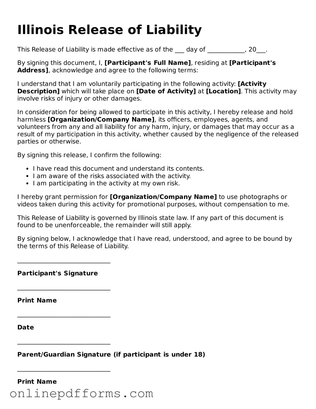 Blank Illinois Release of Liability Form