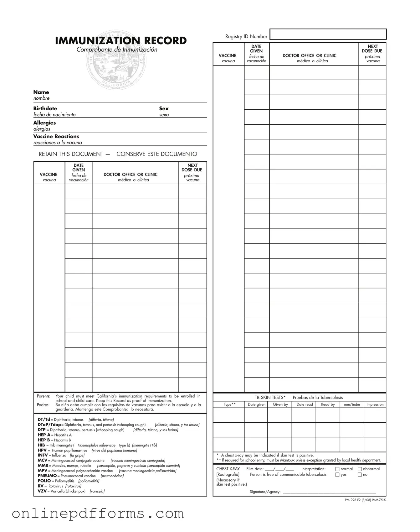 Fill in Your Immunization Record Template