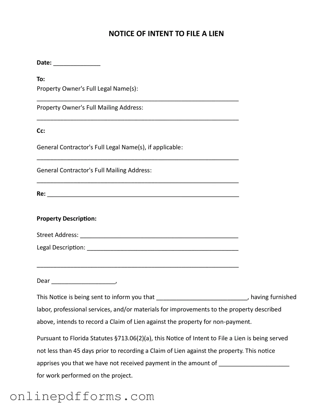 Fill in Your Intent To Lien Florida Template