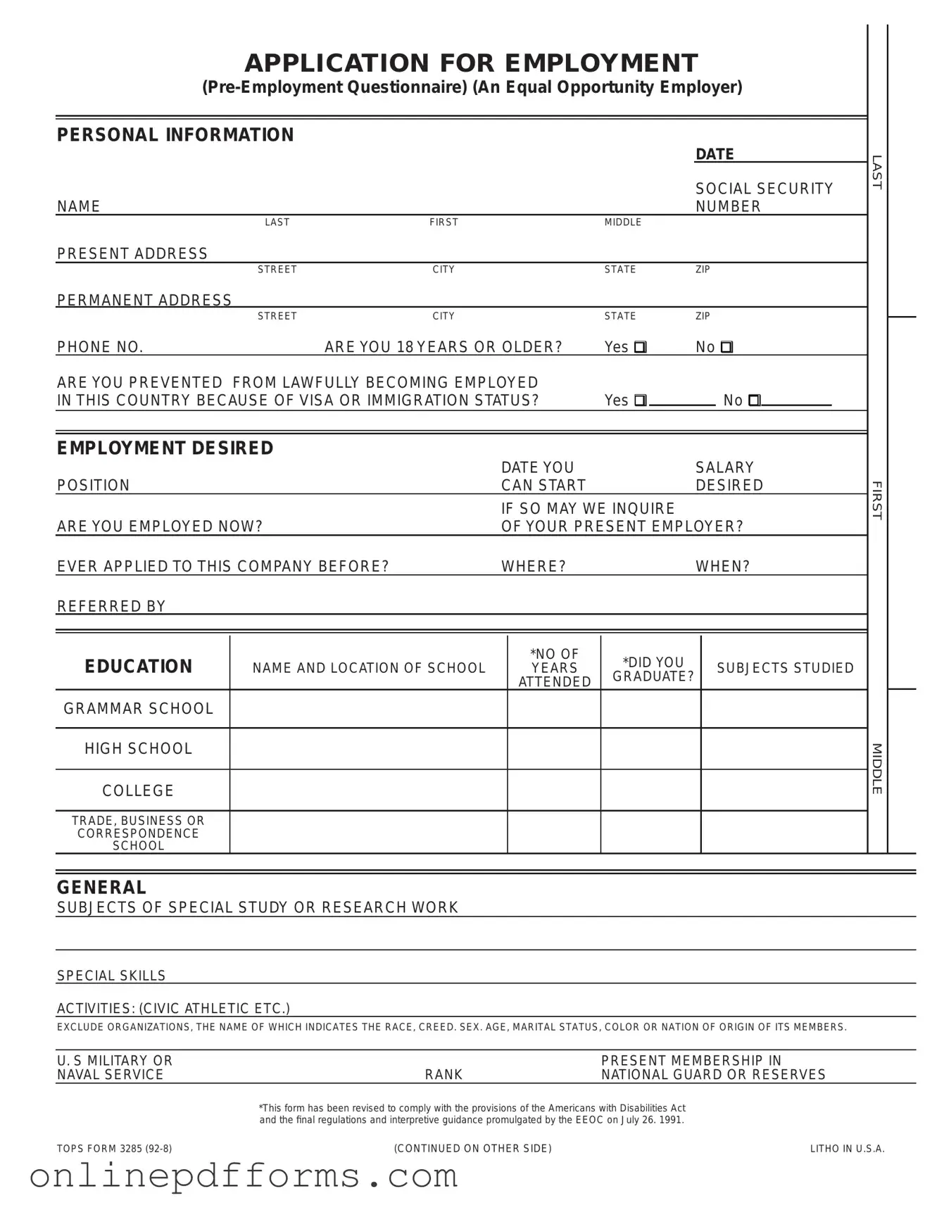 Fill in Your Employment Application Pdf Template
