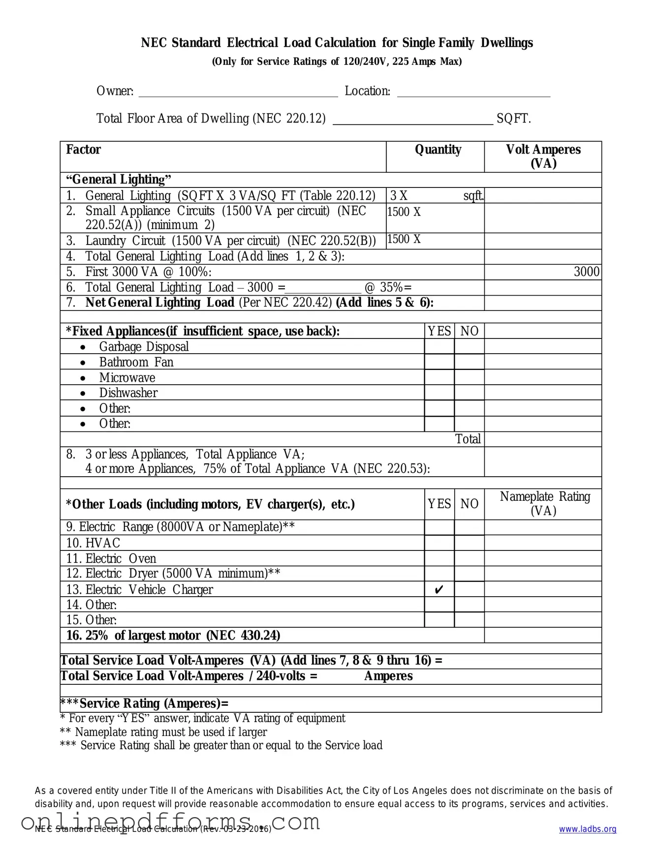 Fill in Your LADBS NEC Standard Electrical Load Calculation Template