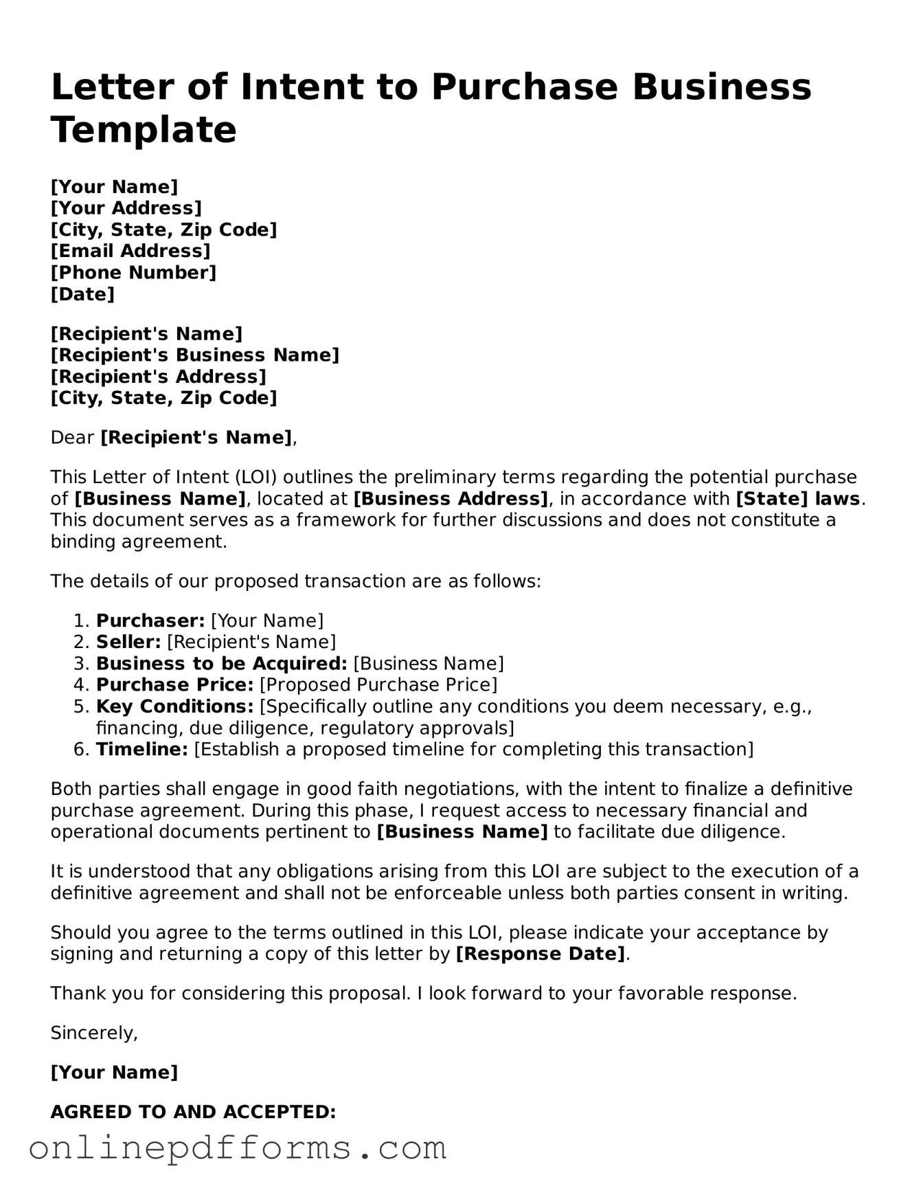 Legal Letter of Intent to Purchase Business Form