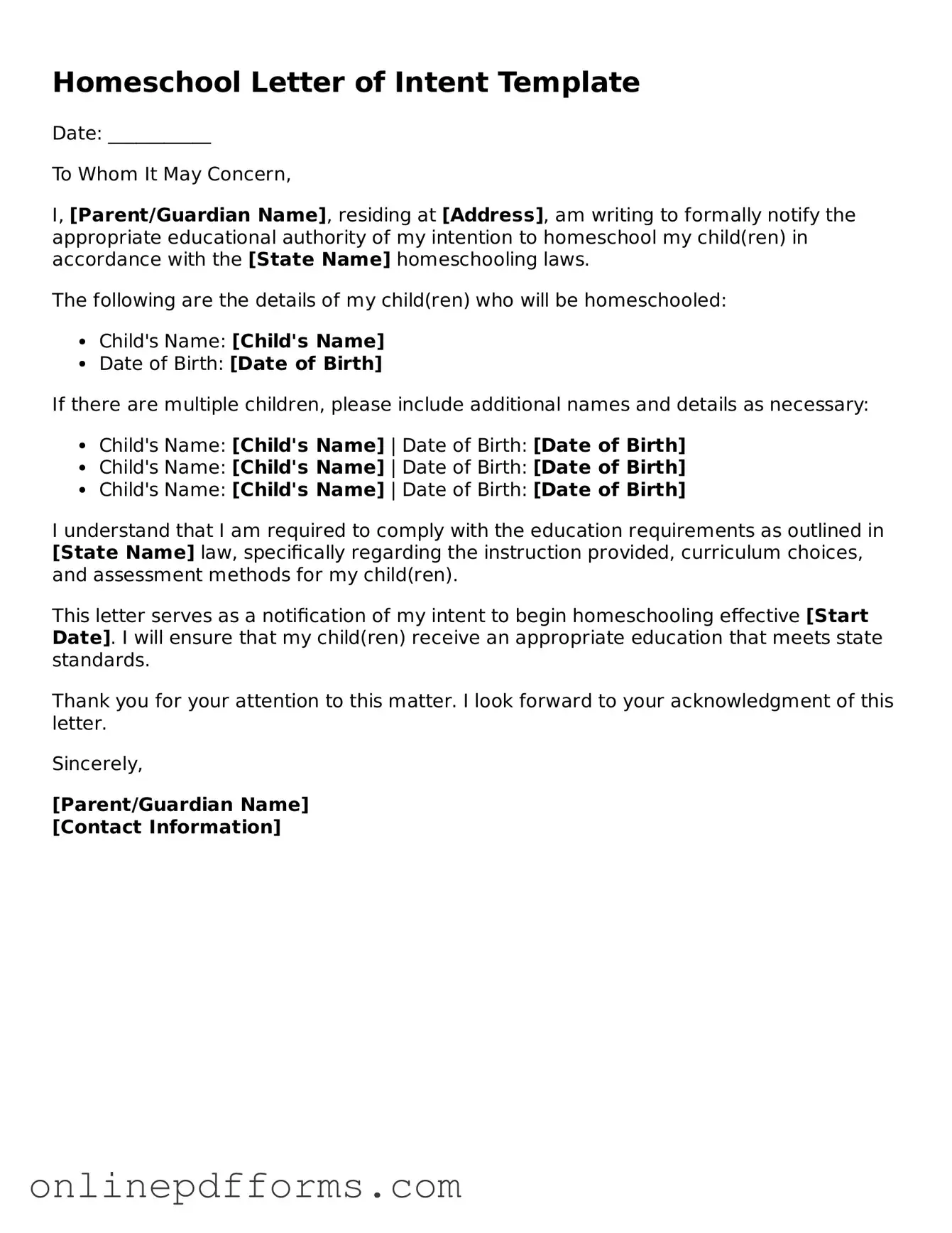 Legal Homeschool Letter of Intent Form
