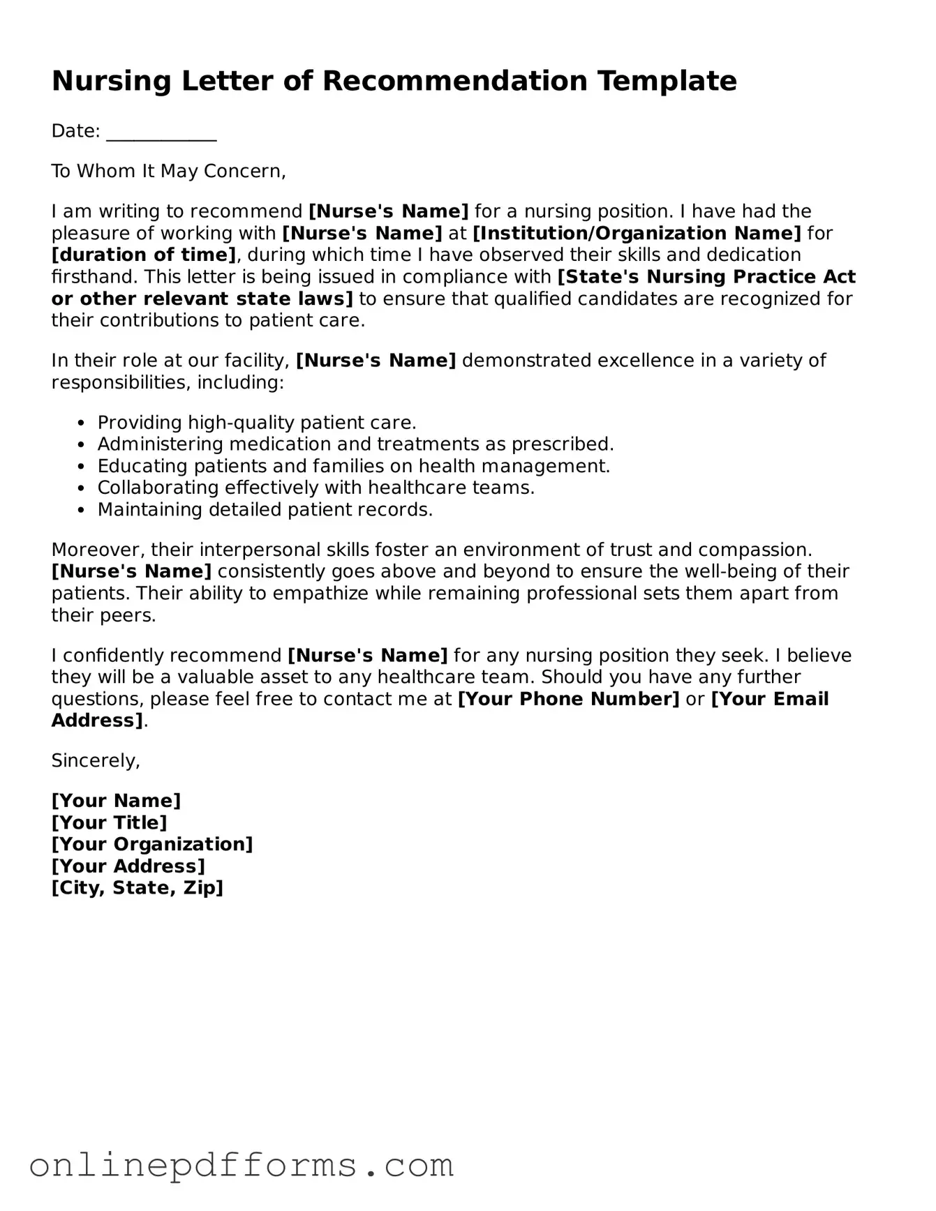Legal Nursing Letter of Recommendation Form