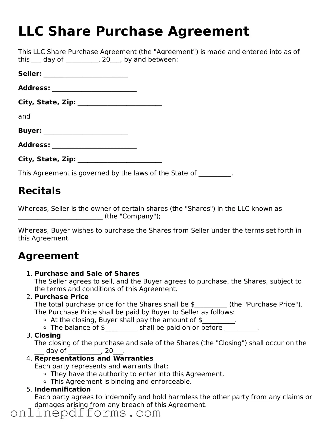 Legal LLC Share Purchase Agreement Form