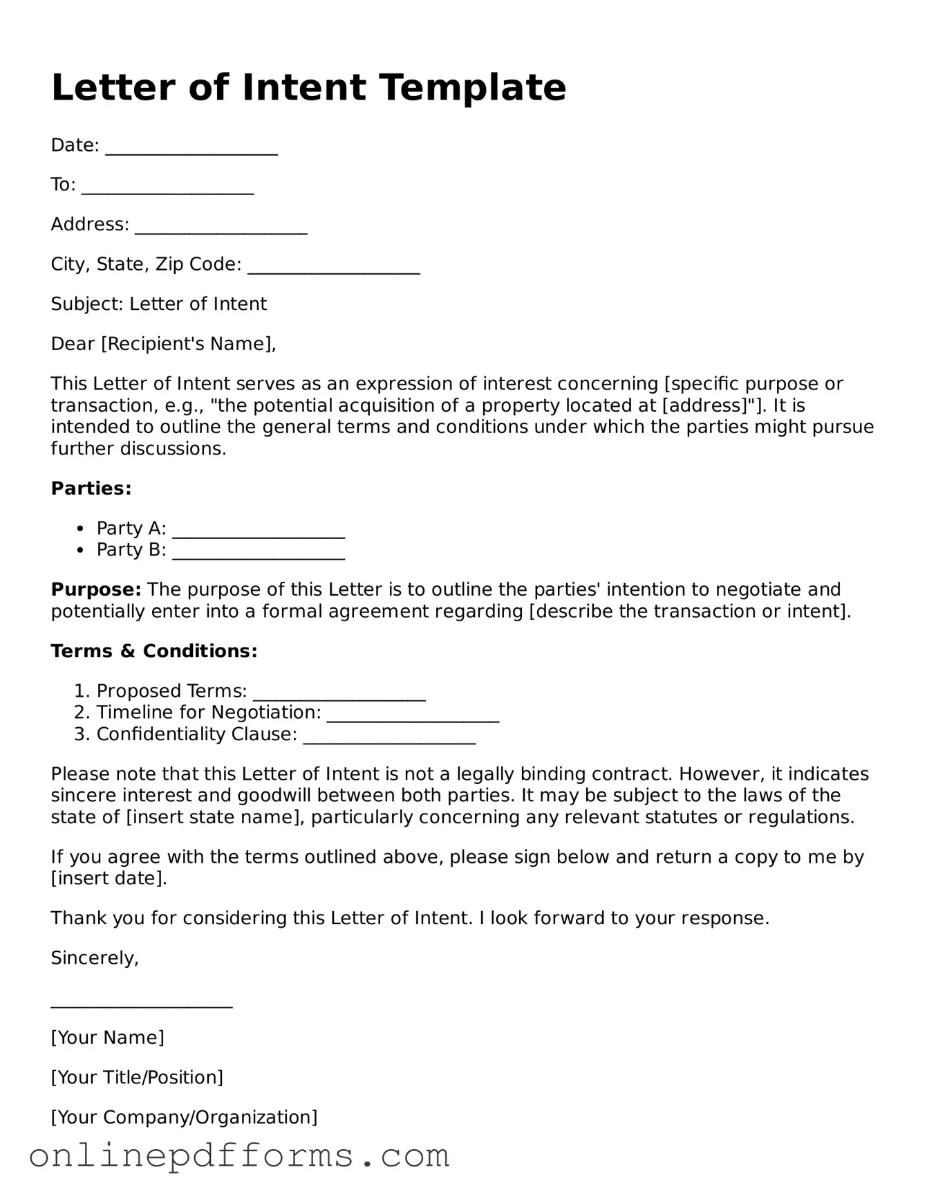 Legal Letter of Intent Form