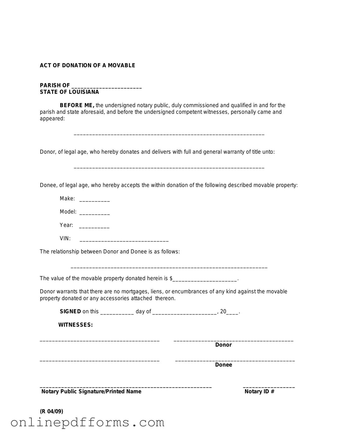 Fill in Your Louisiana act of donation Template