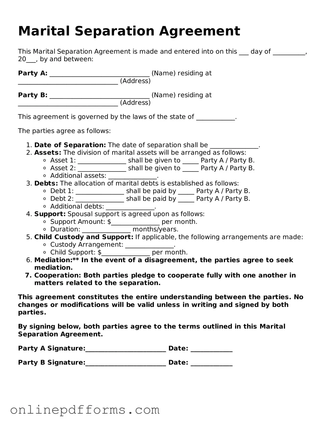 Legal Marital Separation Agreement Form