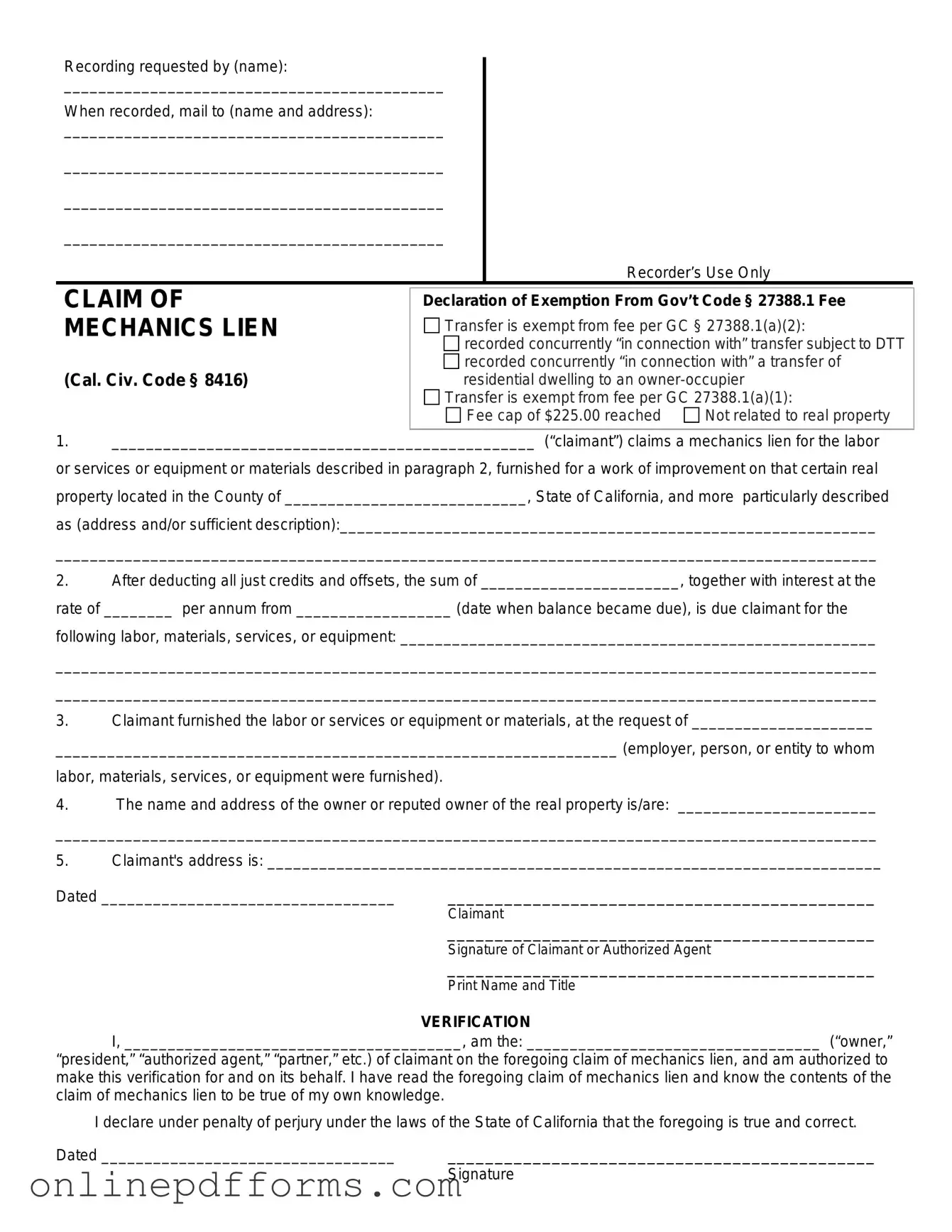 Fill in Your Mechanics Lien California Template