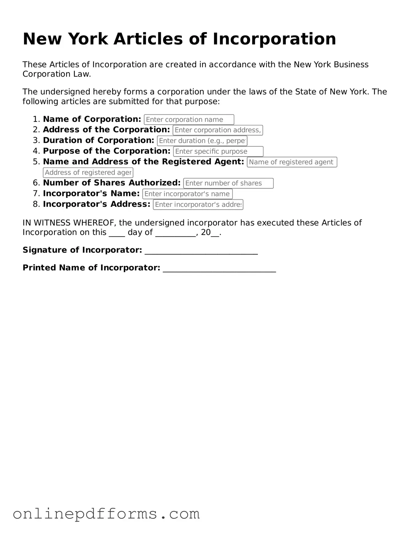 Blank New York Articles of Incorporation Form