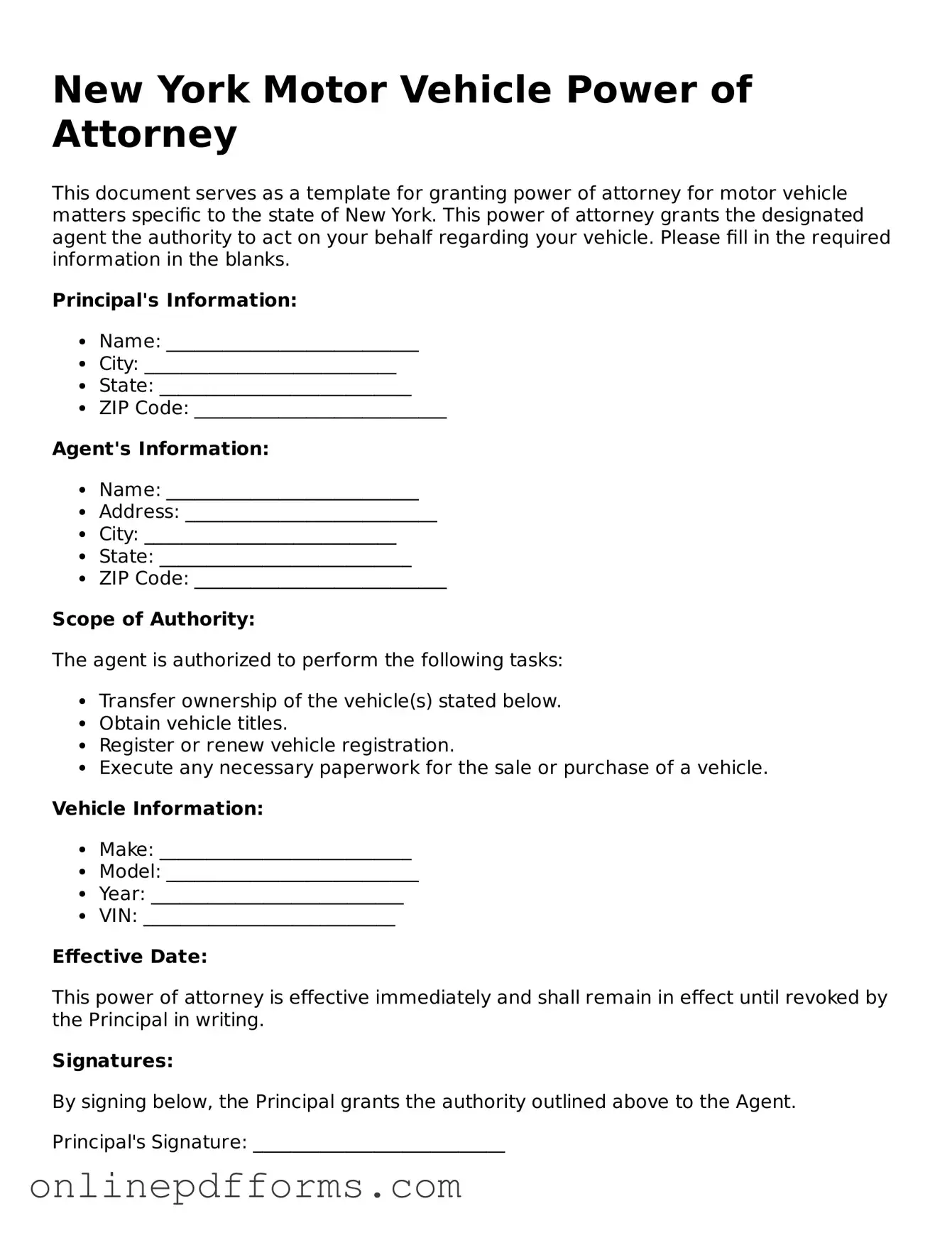 Blank New York Motor Vehicle Power of Attorney Form