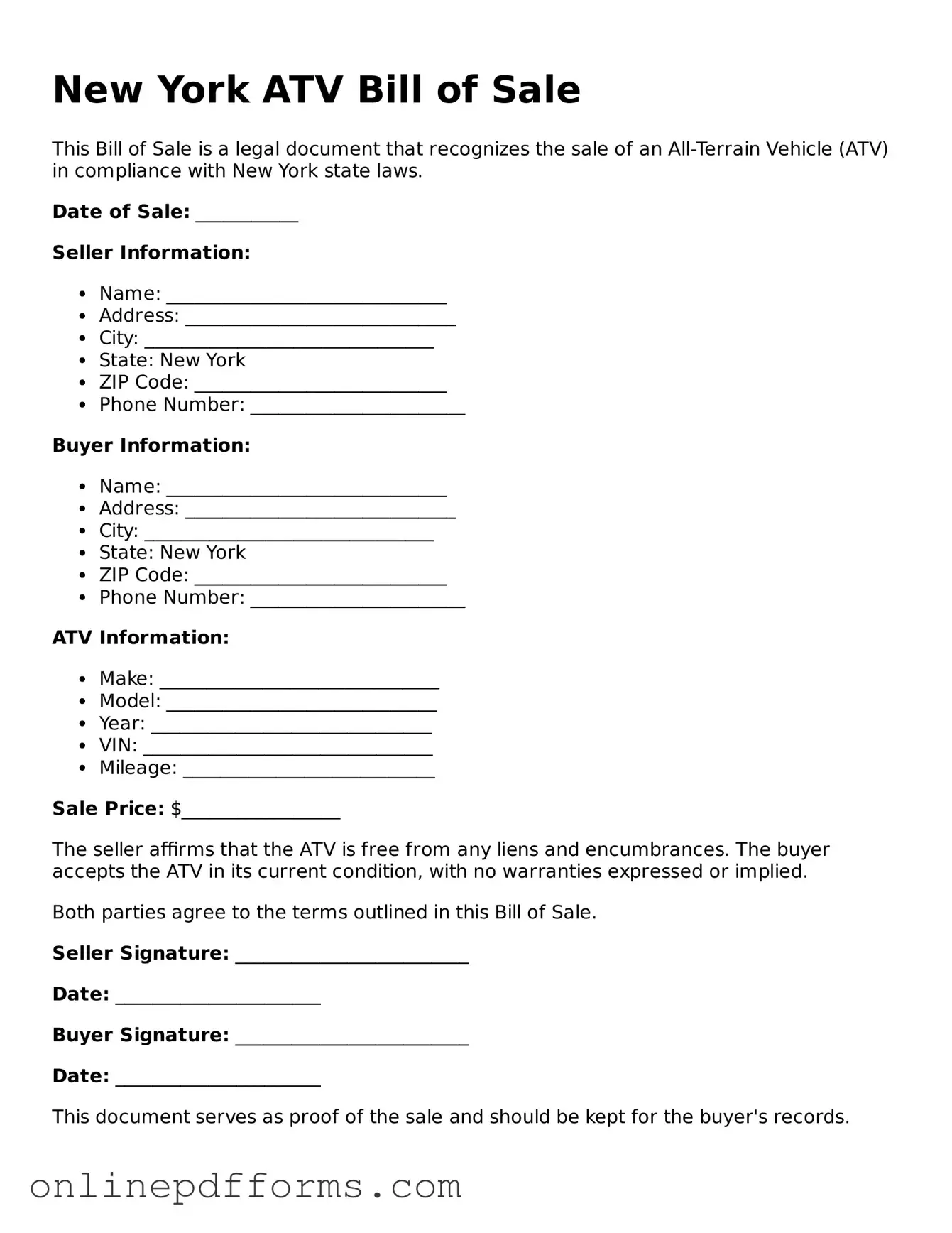 Blank New York ATV Bill of Sale Form