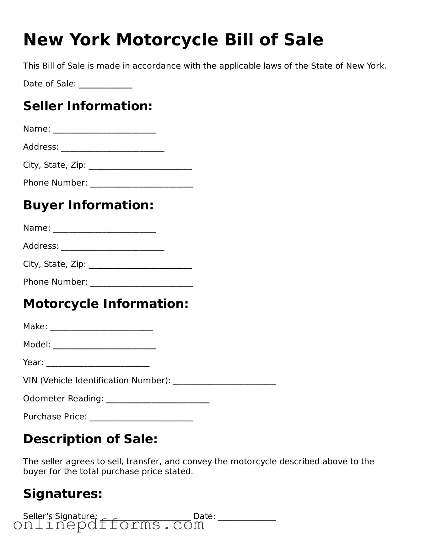 Blank New York Motorcycle Bill of Sale Form