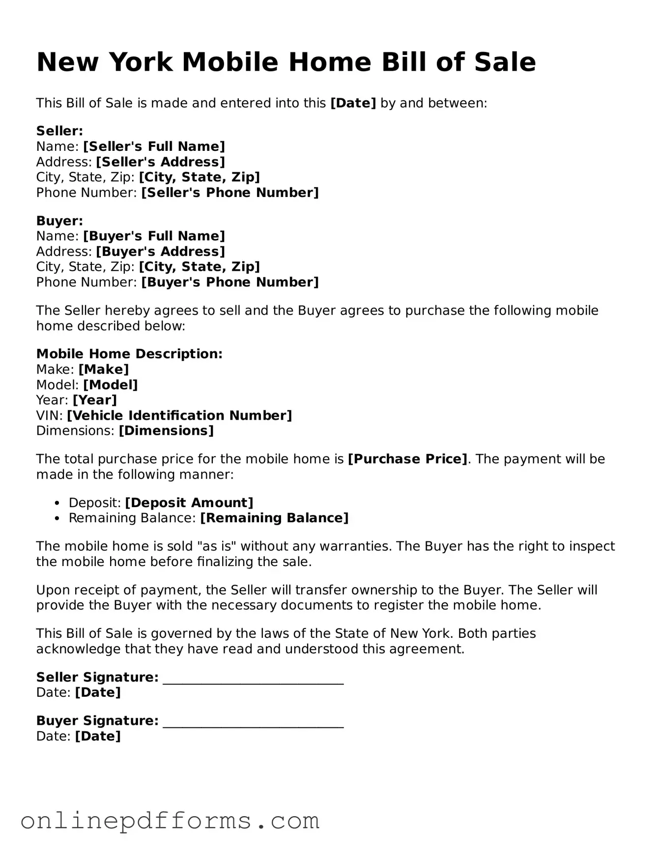 Blank New York Mobile Home Bill of Sale Form