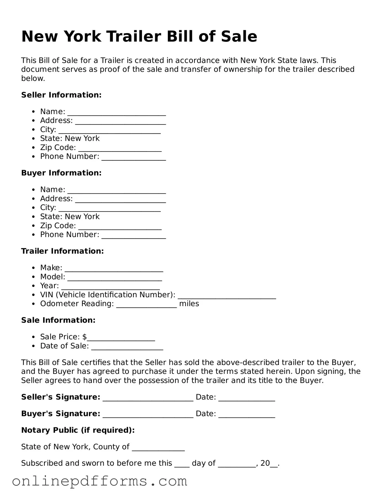 Blank New York Trailer Bill of Sale Form