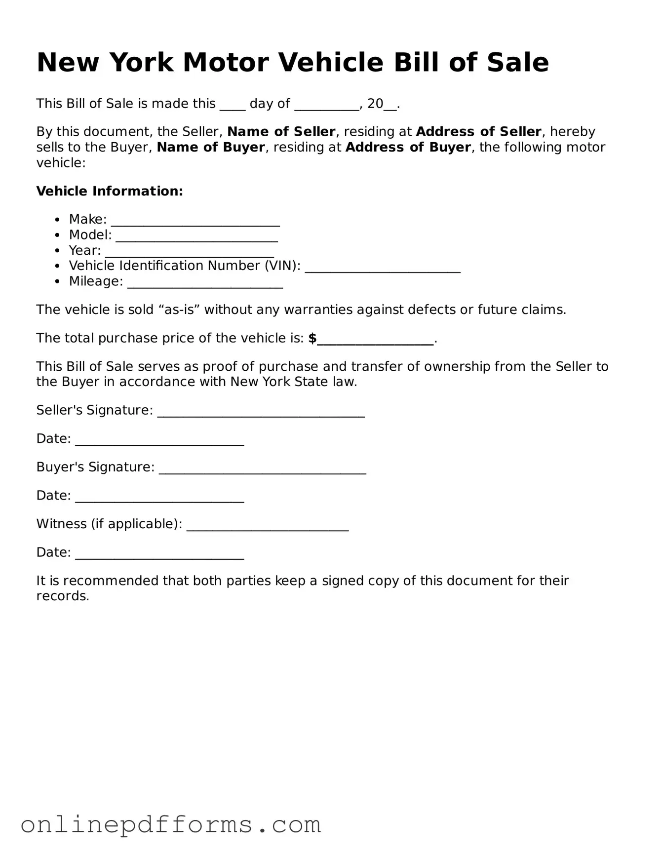 Blank New York Motor Vehicle Bill of Sale Form