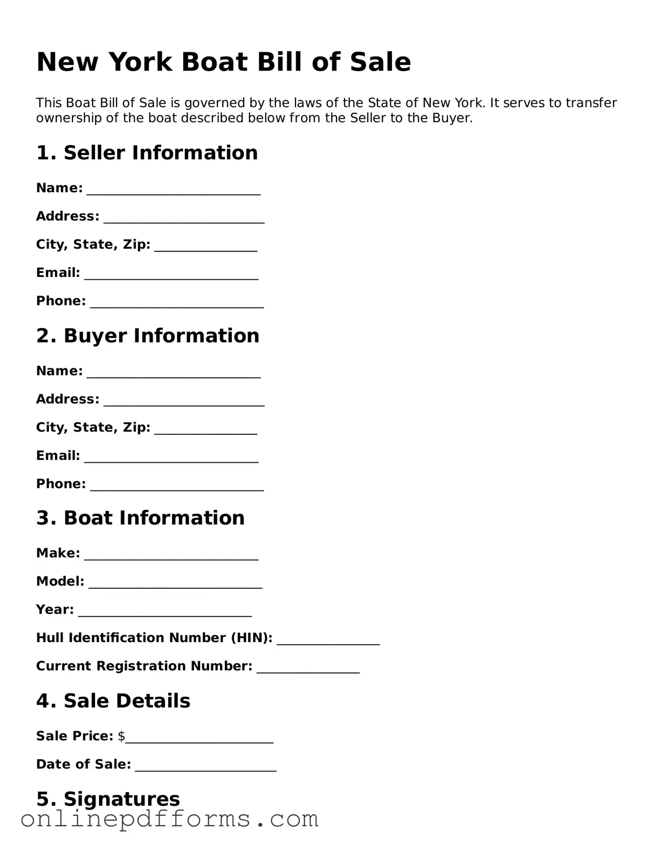 Blank New York Boat Bill of Sale Form