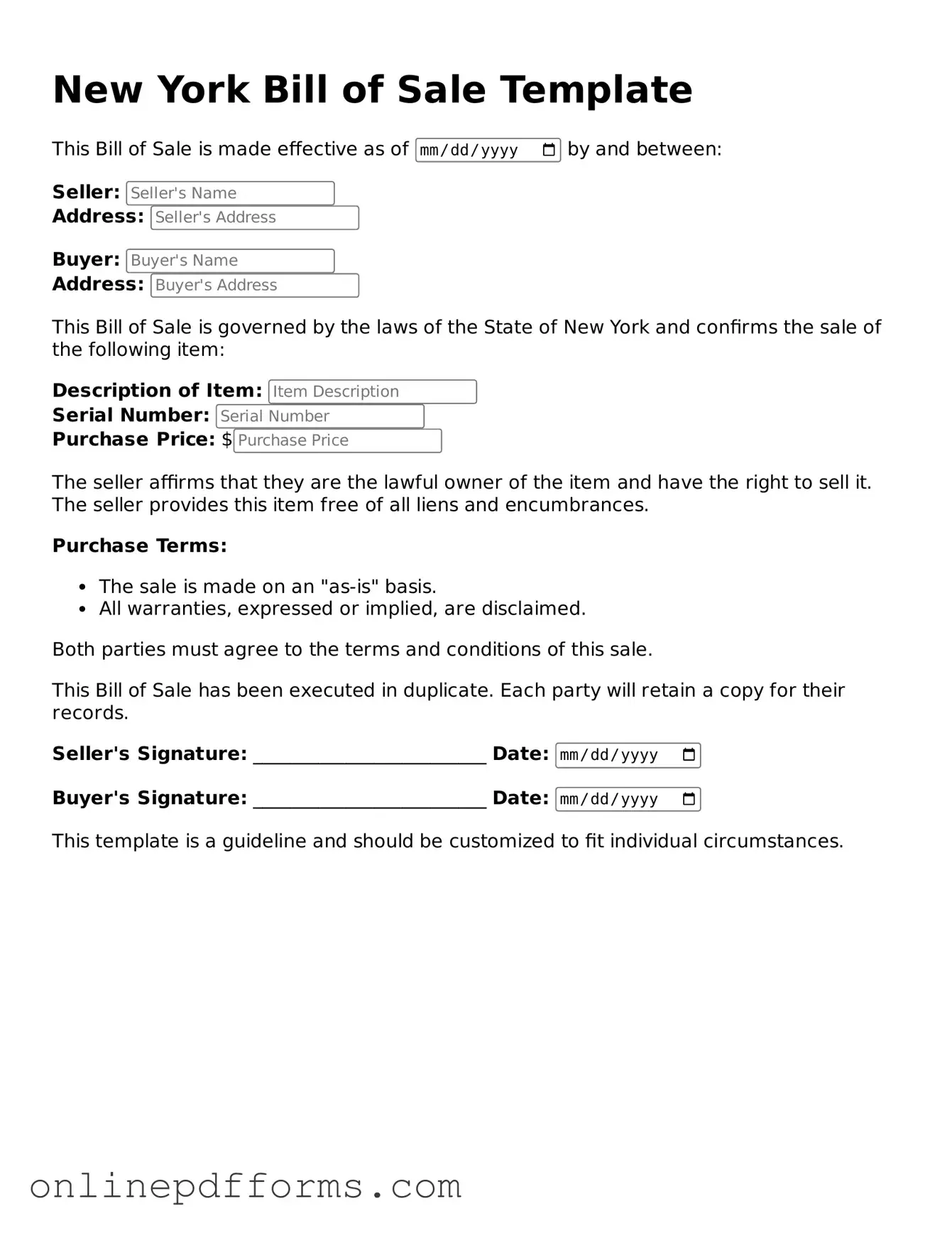 Blank New York Bill of Sale Form