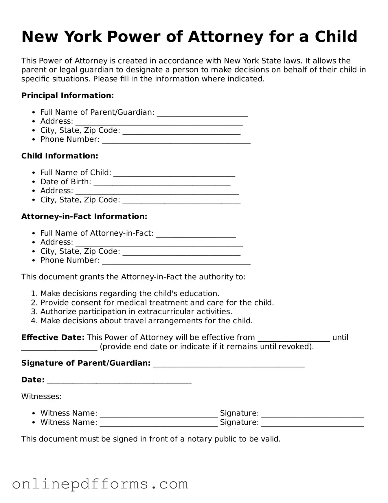 Blank New York Power of Attorney for a Child Form