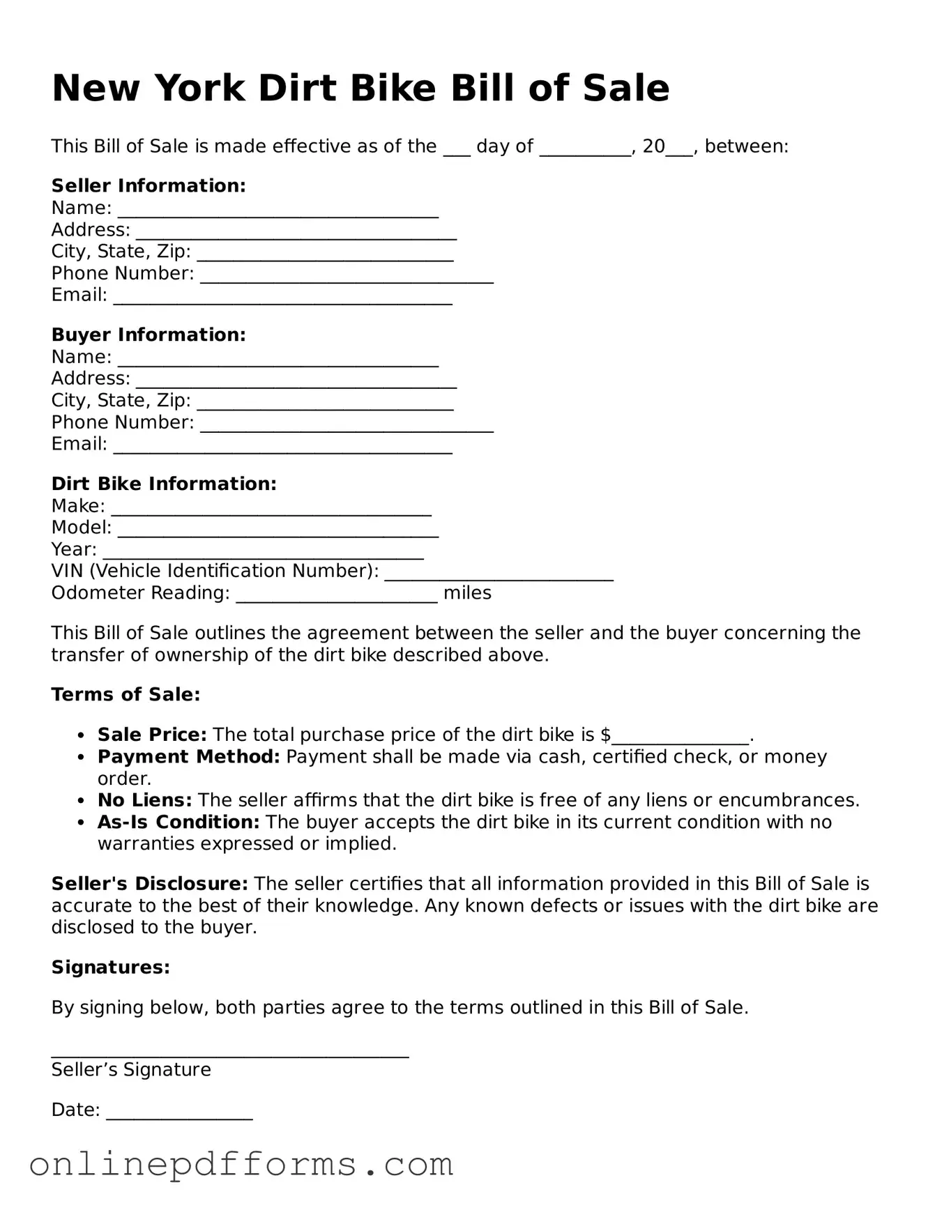 Blank New York Dirt Bike Bill of Sale Form
