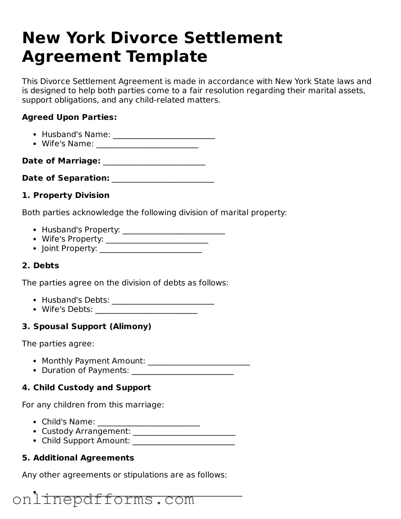 Blank New York Divorce Settlement Agreement Form