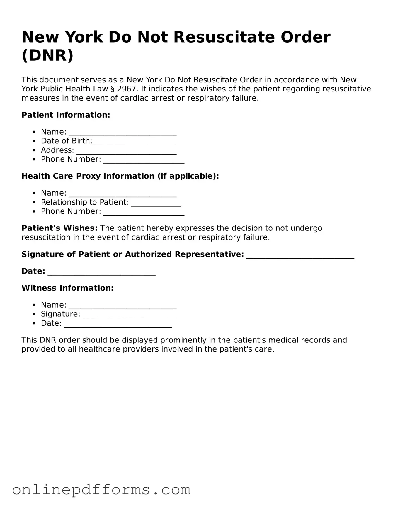 Blank New York Do Not Resuscitate Order Form