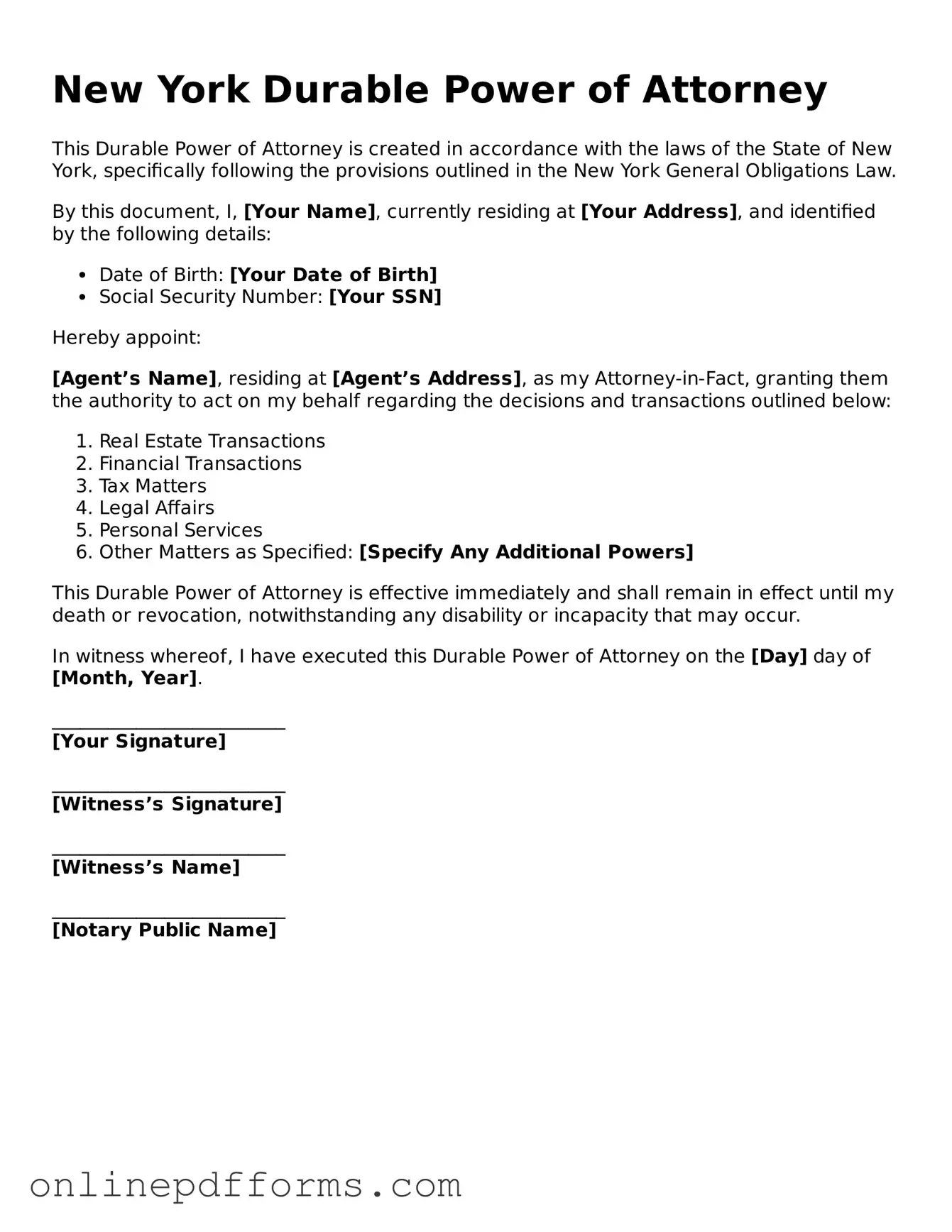 Blank New York Durable Power of Attorney Form