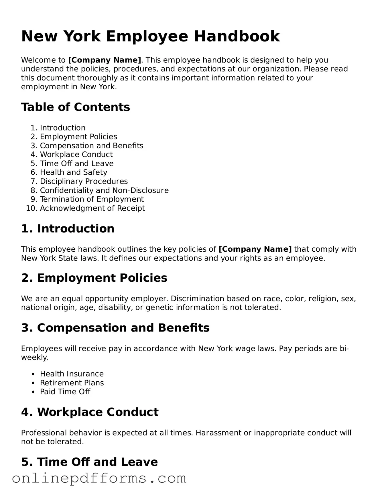 Blank New York Employee Handbook Form