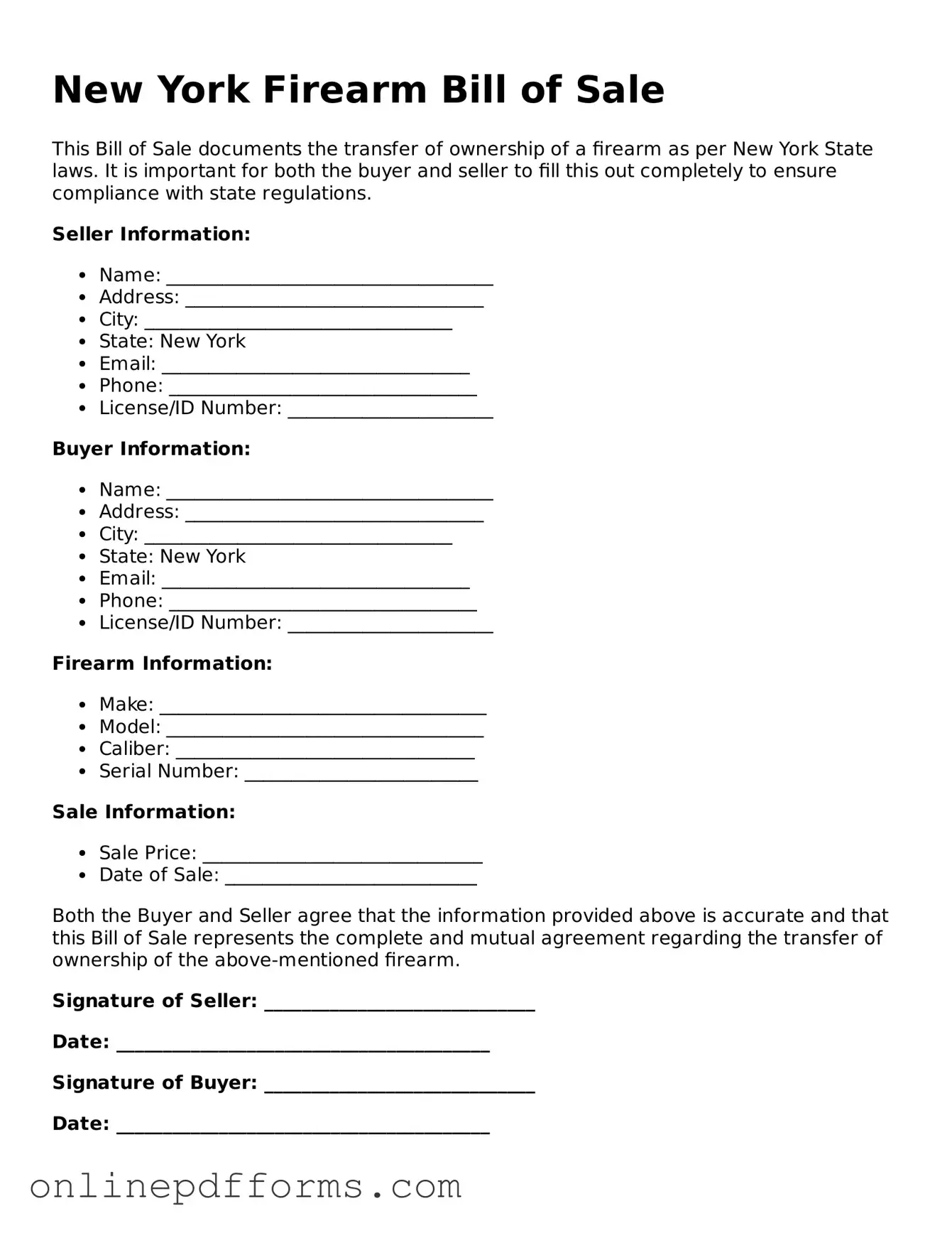 Blank New York Firearm Bill of Sale Form